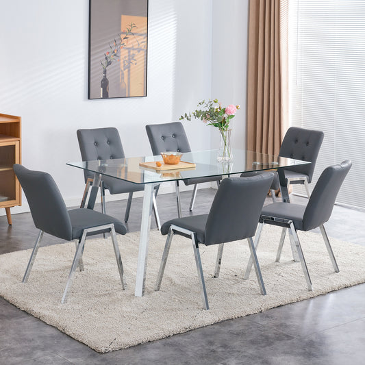 Melysen Table and Chair Set, 1 Table with 6 Grey Chairs. Rectangular Glass Dining Table with Tempered Glass Tabletop and Silver Metal Legs. Paired with Armless Pu Dining Chairs and Electroplated Metal Legs.