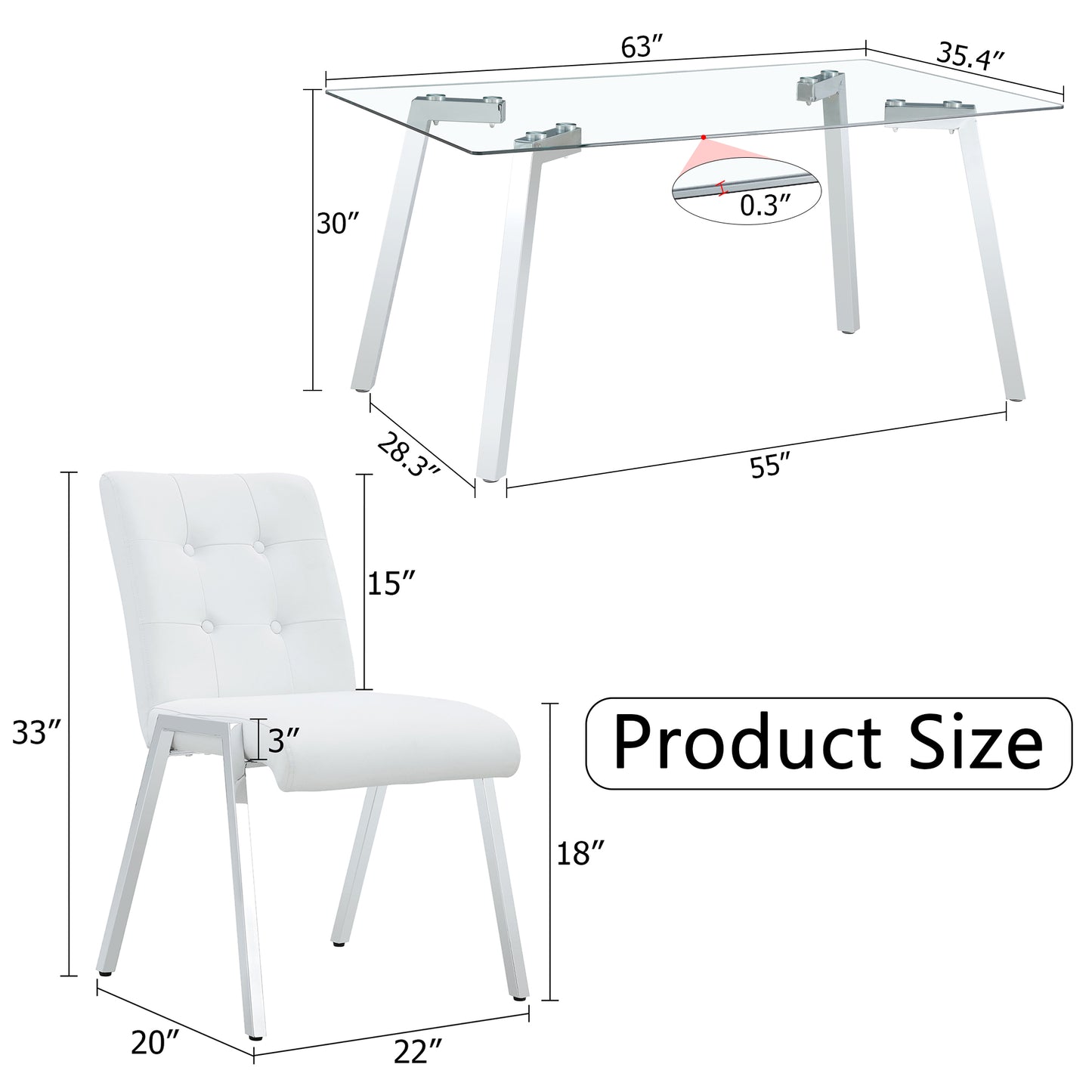 Melysen Table and Chair Set, 1 Table with 6 White Chairs. Rectangular Glass Dining Table with Tempered Glass Tabletop and Silver Metal Legs. Paired with Armless Pu Dining Chairs and Electroplated Metal Legs.