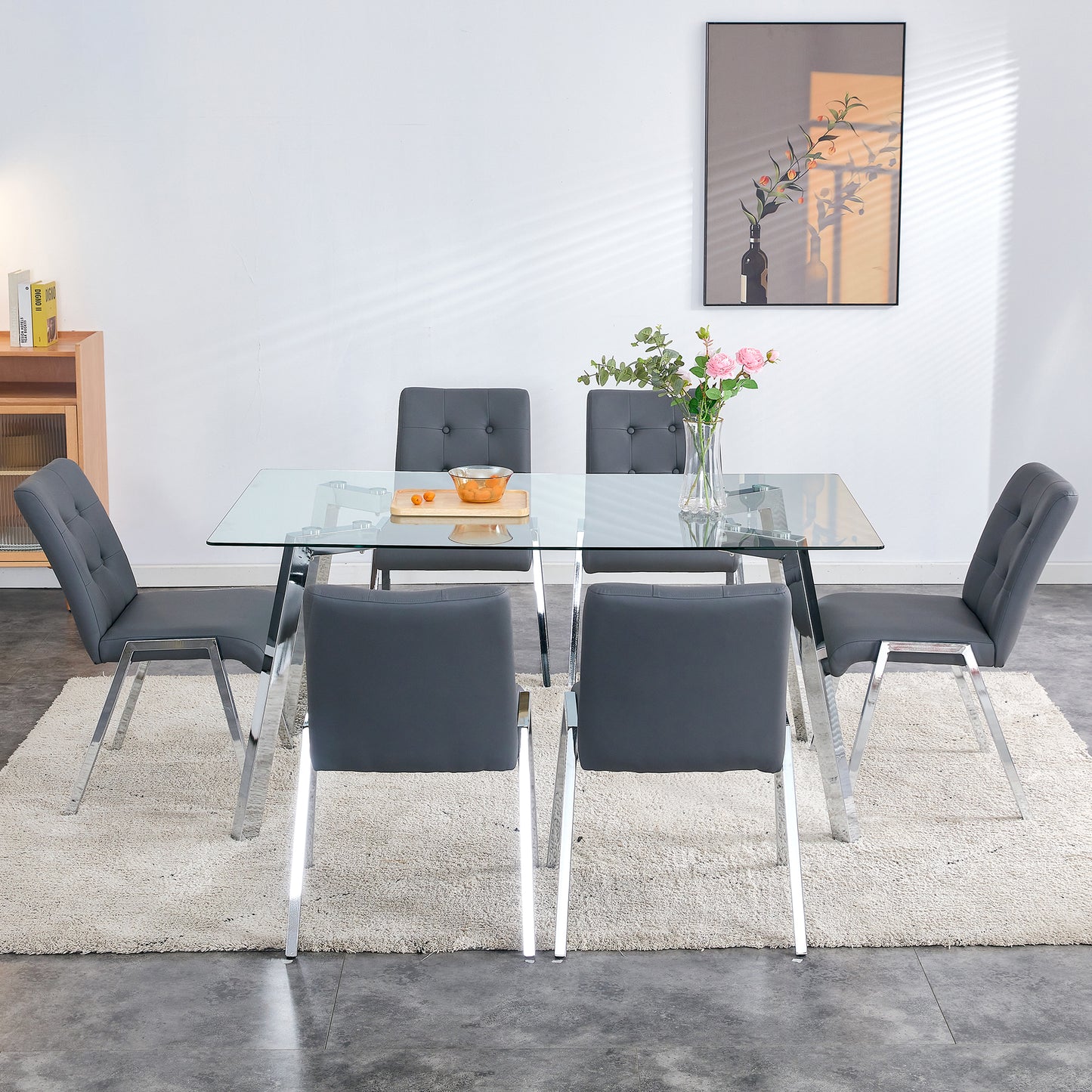 Melysen Table and Chair Set, 1 Table with 6 Grey Chairs. Rectangular Glass Dining Table with Tempered Glass Tabletop and Silver Metal Legs. Paired with Armless Pu Dining Chairs and Electroplated Metal Legs.