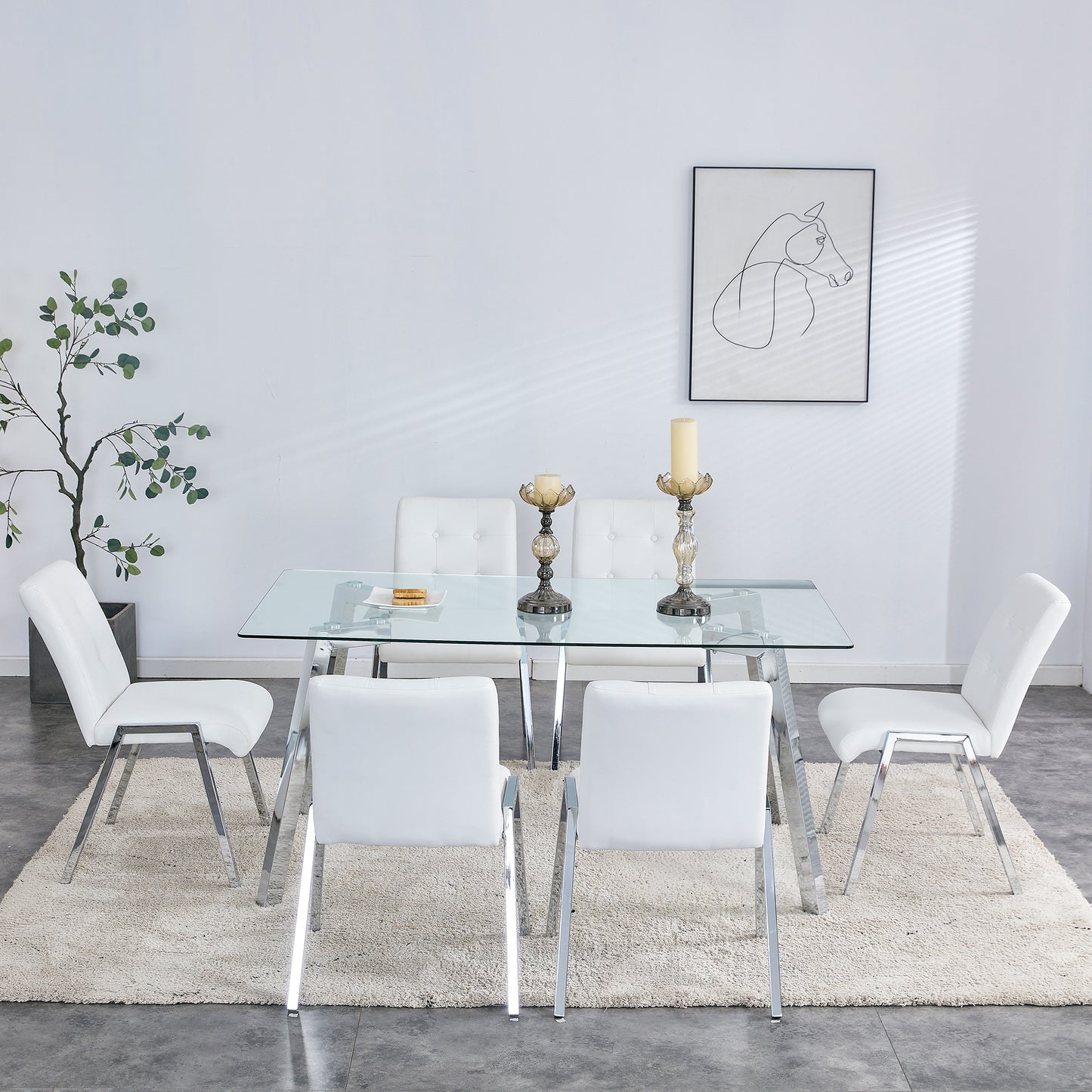 Melysen Table and Chair Set, 1 Table with 6 White Chairs. Rectangular Glass Dining Table with Tempered Glass Tabletop and Silver Metal Legs. Paired with Armless Pu Dining Chairs and Electroplated Metal Legs.