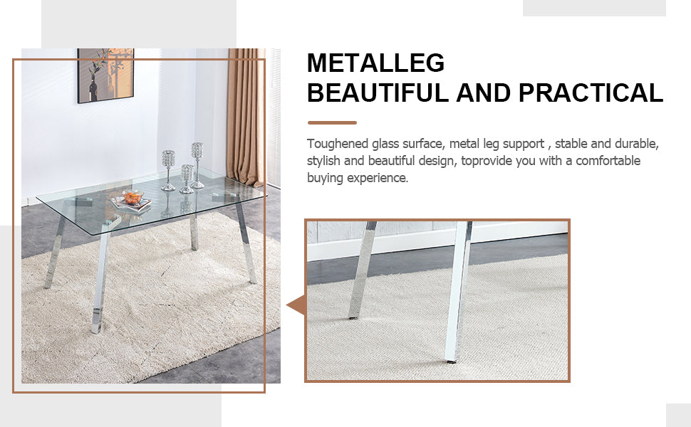 Melysen Table and Chair Set, 1 Table with 6 Grey Chairs. Rectangular Glass Dining Table with Tempered Glass Tabletop and Silver Metal Legs. Paired with Armless Pu Dining Chairs and Electroplated Metal Legs.