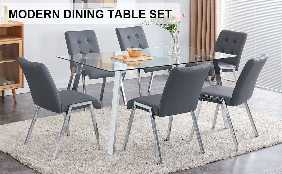 Melysen Table and Chair Set, 1 Table with 6 Grey Chairs. Rectangular Glass Dining Table with Tempered Glass Tabletop and Silver Metal Legs. Paired with Armless Pu Dining Chairs and Electroplated Metal Legs.