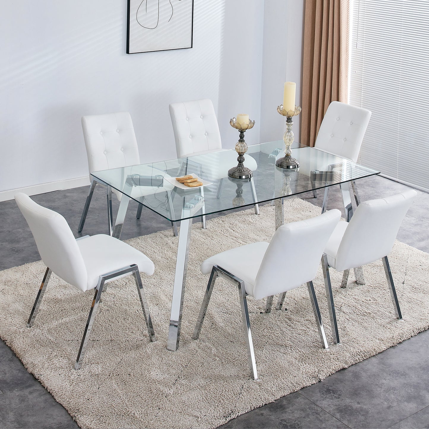 Melysen Table and Chair Set, 1 Table with 6 White Chairs. Rectangular Glass Dining Table with Tempered Glass Tabletop and Silver Metal Legs. Paired with Armless Pu Dining Chairs and Electroplated Metal Legs.