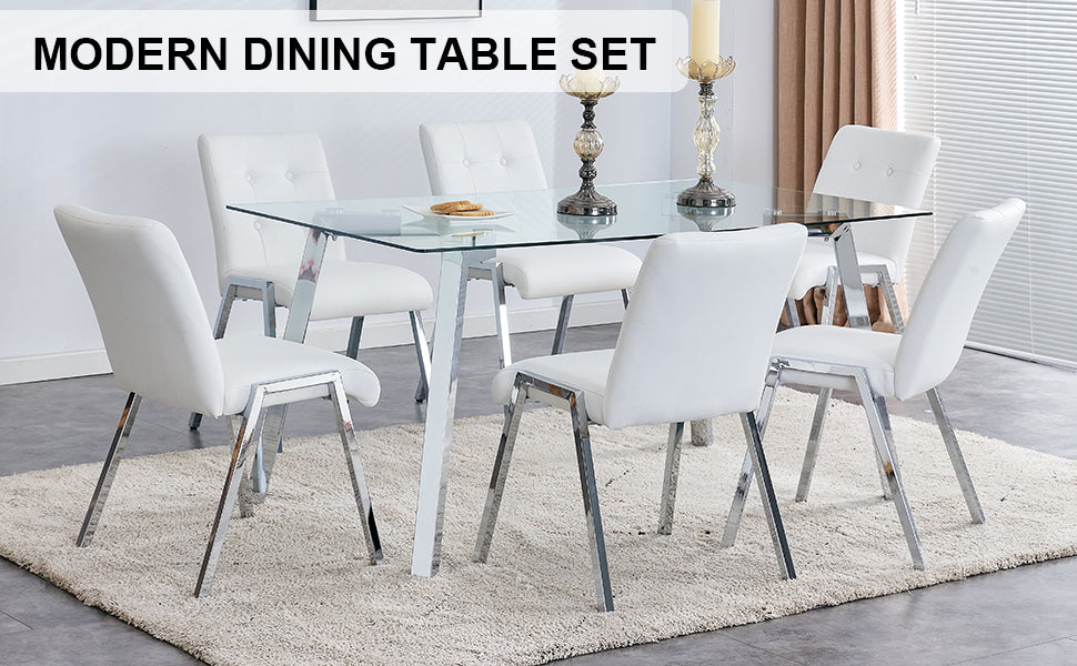 Melysen Table and Chair Set, 1 Table with 6 White Chairs. Rectangular Glass Dining Table with Tempered Glass Tabletop and Silver Metal Legs. Paired with Armless Pu Dining Chairs and Electroplated Metal Legs.