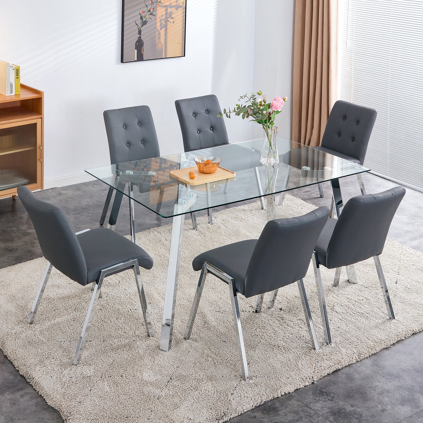 Melysen Table and Chair Set, 1 Table with 6 Grey Chairs. Rectangular Glass Dining Table with Tempered Glass Tabletop and Silver Metal Legs. Paired with Armless Pu Dining Chairs and Electroplated Metal Legs.