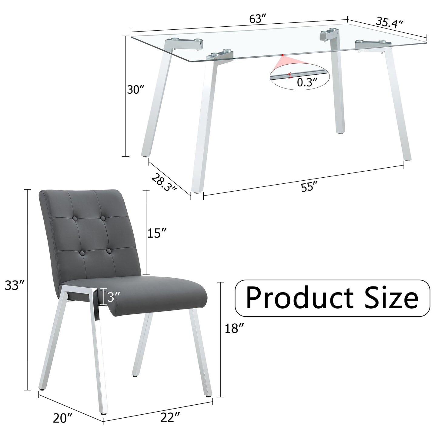 Melysen Table and Chair Set, 1 Table with 6 Grey Chairs. Rectangular Glass Dining Table with Tempered Glass Tabletop and Silver Metal Legs. Paired with Armless Pu Dining Chairs and Electroplated Metal Legs.