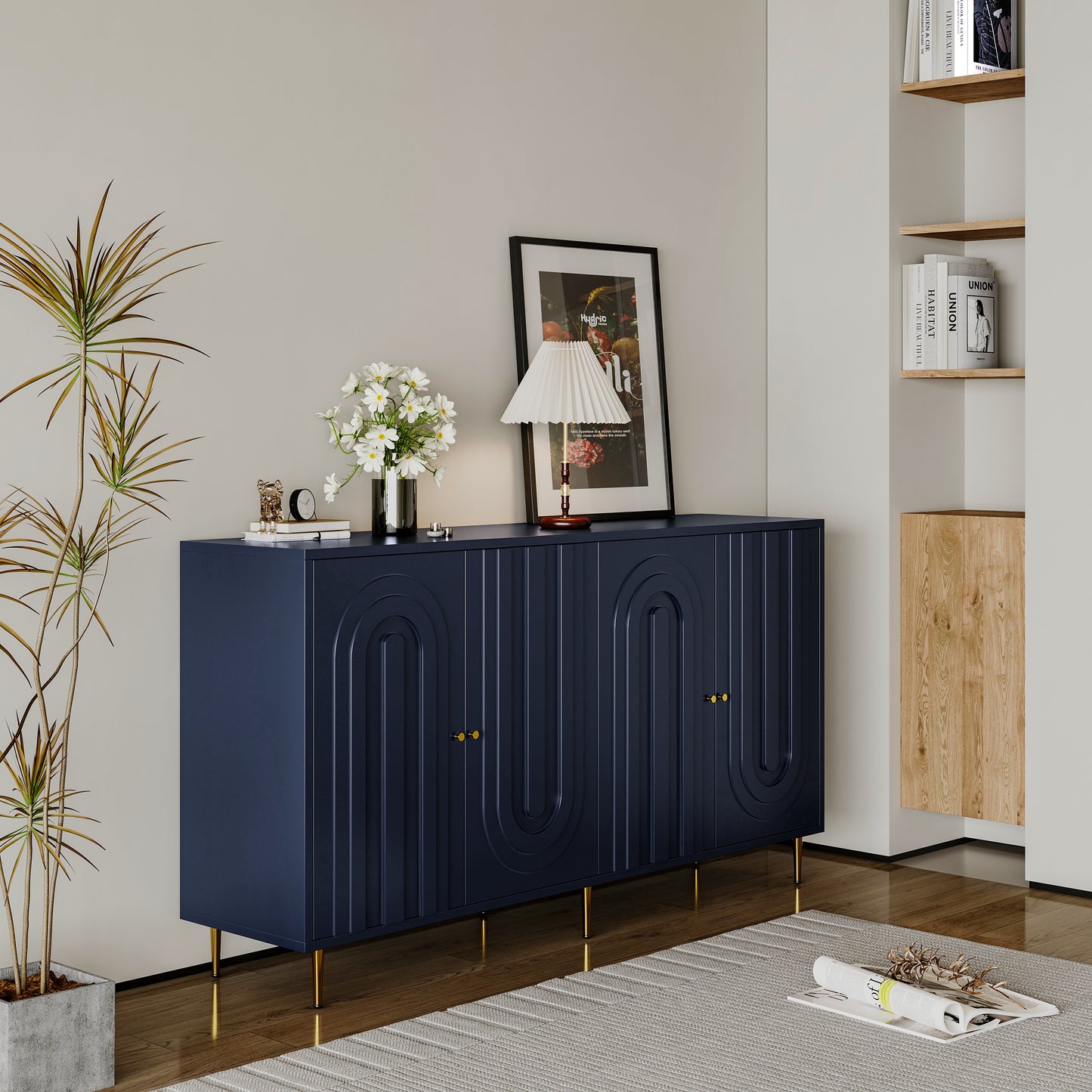 Melysen Modern Blue Lacquered 4 Door Wooden Cabinet Sideboard Buffet Server Cabinet Storage Cabinet,Dark Blue