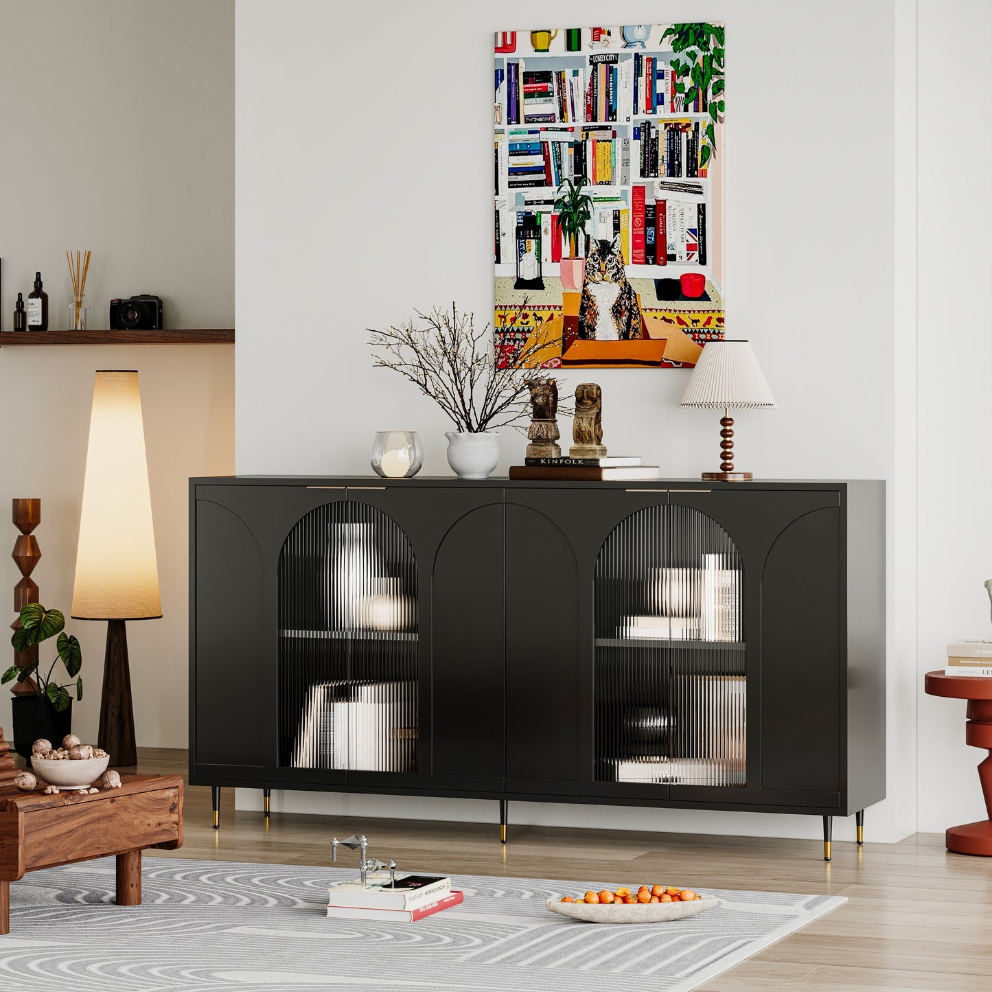 Melysen Accent Cabinet Black Lacquered Wooden Cabinet with 4 Glass Doors Sideboard Buffet Server Cabinet Storage Cabinet,Black