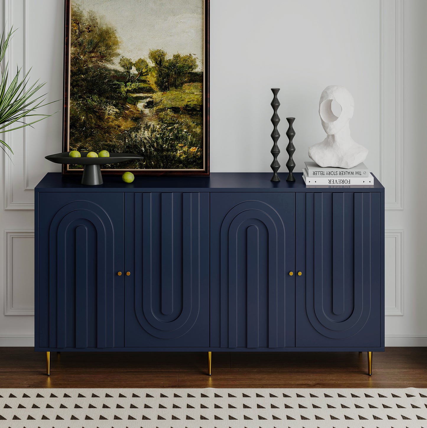 Melysen Modern Blue Lacquered 4 Door Wooden Cabinet Sideboard Buffet Server Cabinet Storage Cabinet,Dark Blue