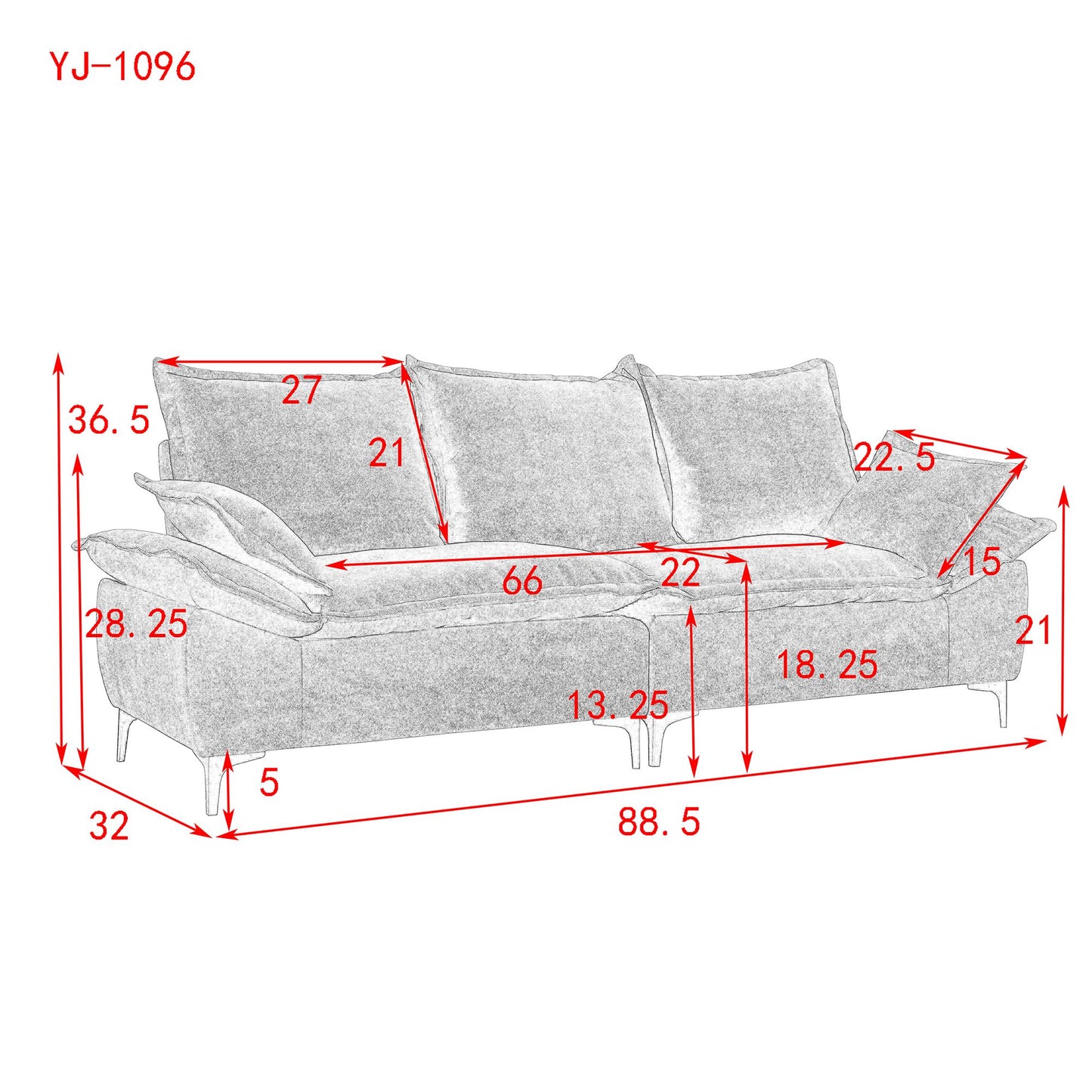 Melysen 88.5" Modern Sailboat Sofa Dutch Velvet 3-Seater Sofa with Two Pillows for Small Spaces in Living Rooms, Apartmentsin