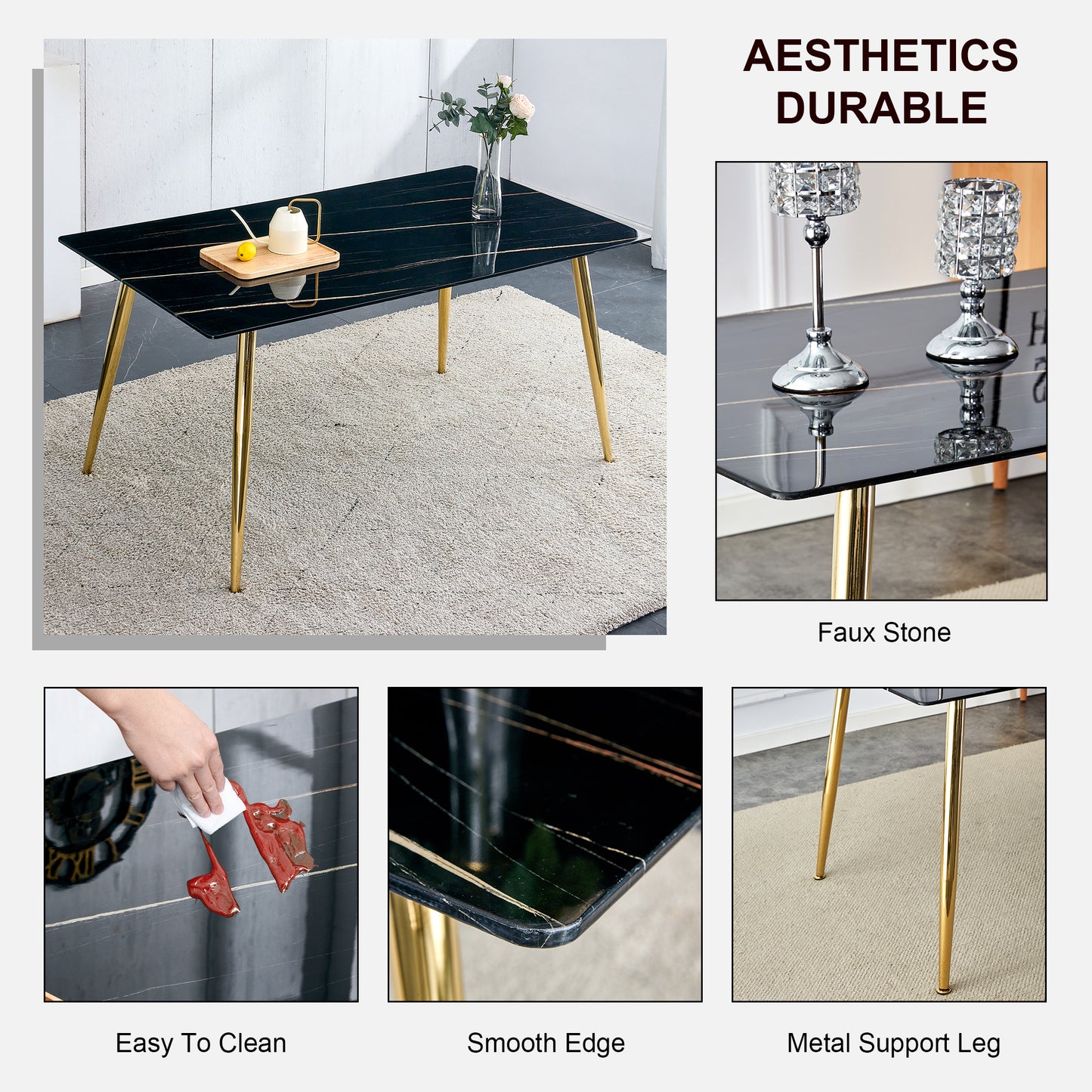 Melysen Modern Minimalist Rectangular Black Imitation Marble Dining Table, 0.4" Thick, Gold Color Metal Legs, Suitable For Kitchen, Dining Room, and Living Room 63"* 35.4" * 30"