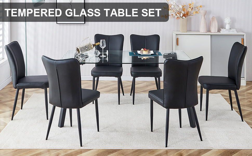 Melysen Table and Chair Set. 1 Table+6 Black Chairs. Glass Dining Table with 0.31-Inch Tempered Glass Tabletop and Black Coated Metal Legs. Equipped with Black Pu Chairs