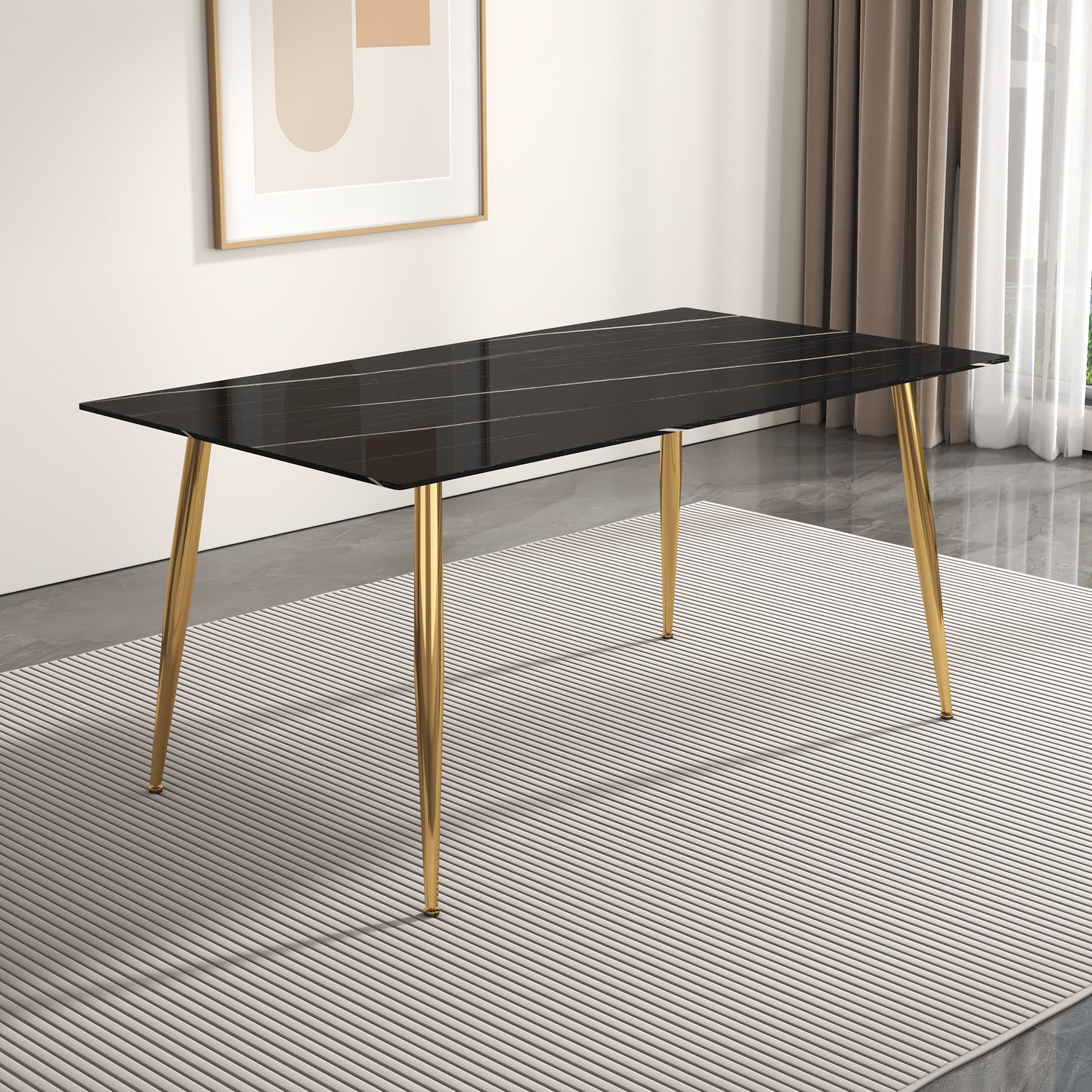 Melysen Modern Minimalist Rectangular Black Imitation Marble Dining Table, 0.4" Thick, Gold Color Metal Legs, Suitable For Kitchen, Dining Room, and Living Room 63"* 35.4" * 30"