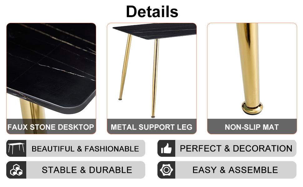 Melysen Modern Minimalist Rectangular Black Imitation Marble Dining Table, 0.4" Thick, Gold Color Metal Legs, Suitable For Kitchen, Dining Room, and Living Room 63"* 35.4" * 30"