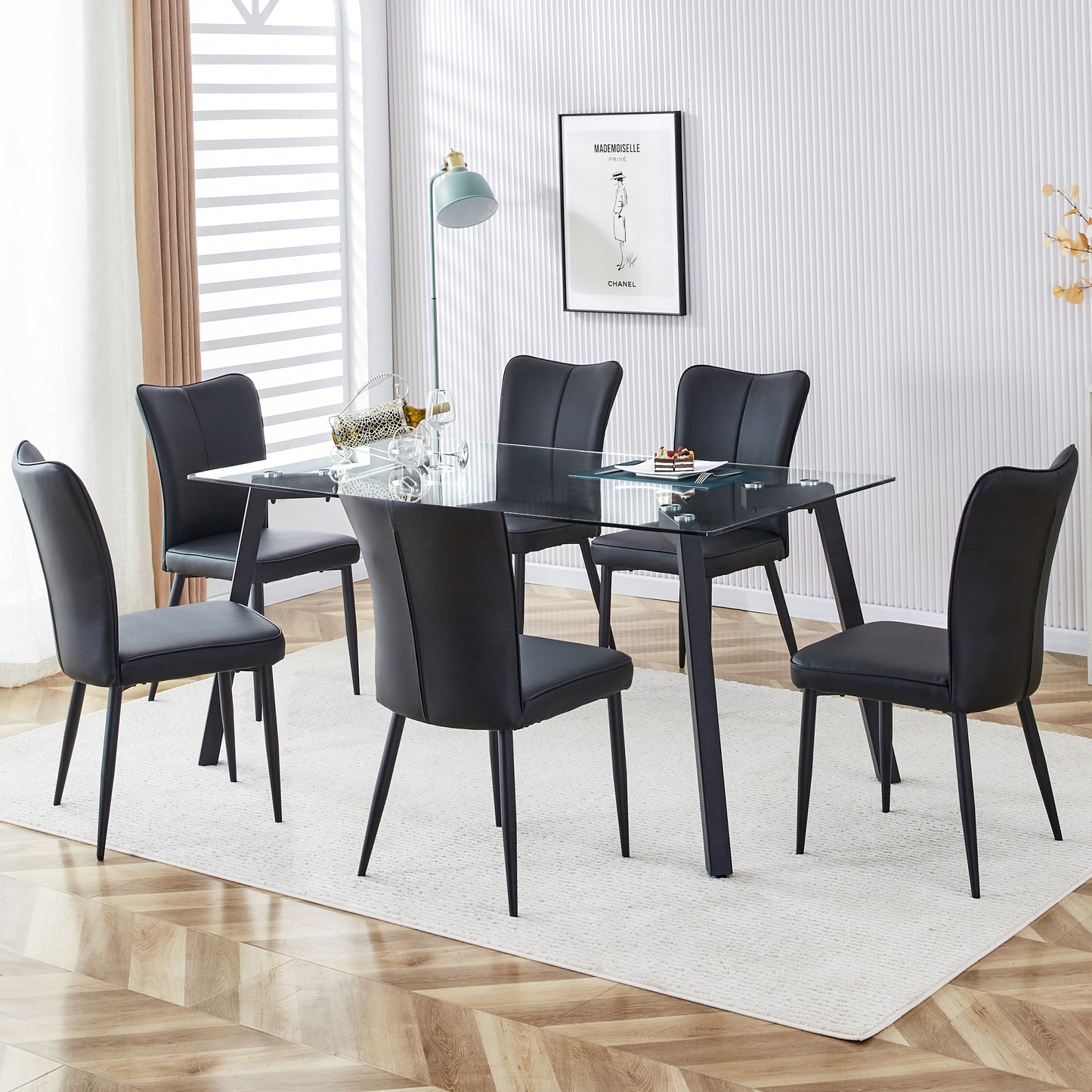 Melysen Table and Chair Set. 1 Table+6 Black Chairs. Glass Dining Table with 0.31-Inch Tempered Glass Tabletop and Black Coated Metal Legs. Equipped with Black Pu Chairs