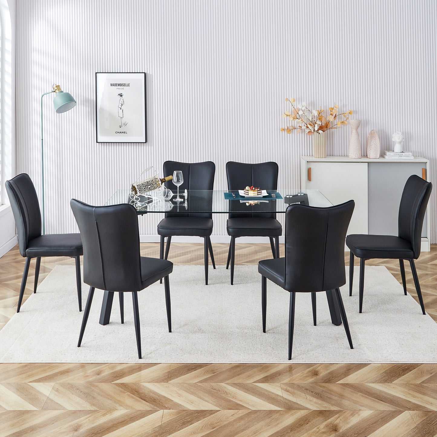 Melysen Table and Chair Set. 1 Table+6 Black Chairs. Glass Dining Table with 0.31-Inch Tempered Glass Tabletop and Black Coated Metal Legs. Equipped with Black Pu Chairs