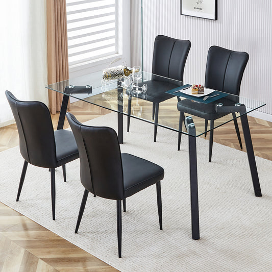 Melysen Table and Chair Set. 1 Table+4 Black Chairs. Glass Dining Table with 0.31-Inch Tempered Glass Tabletop and Black Coated Metal Legs. Equipped with Black Pu Chairs