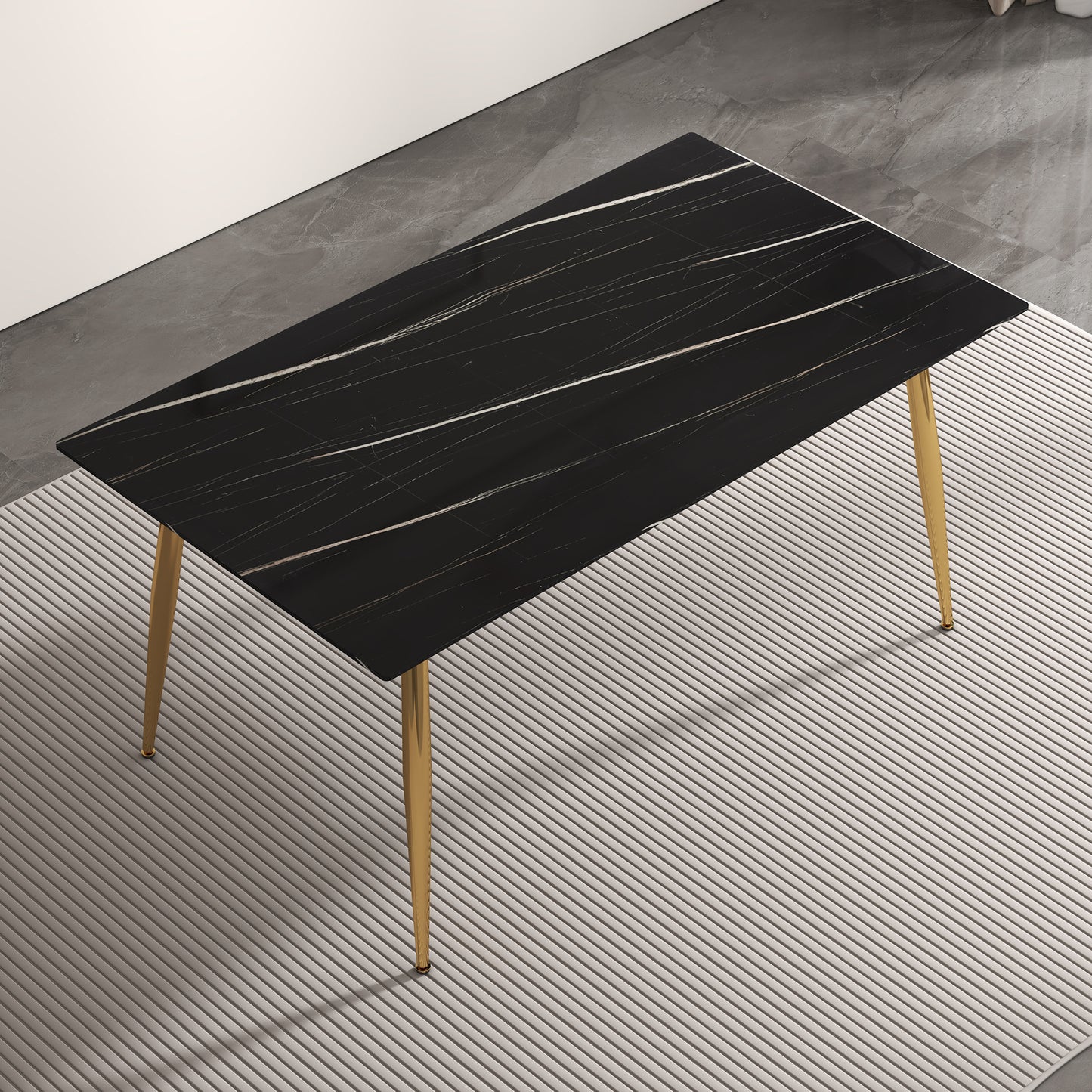 Melysen Modern Minimalist Rectangular Black Imitation Marble Dining Table, 0.4" Thick, Gold Color Metal Legs, Suitable For Kitchen, Dining Room, and Living Room 63"* 35.4" * 30"