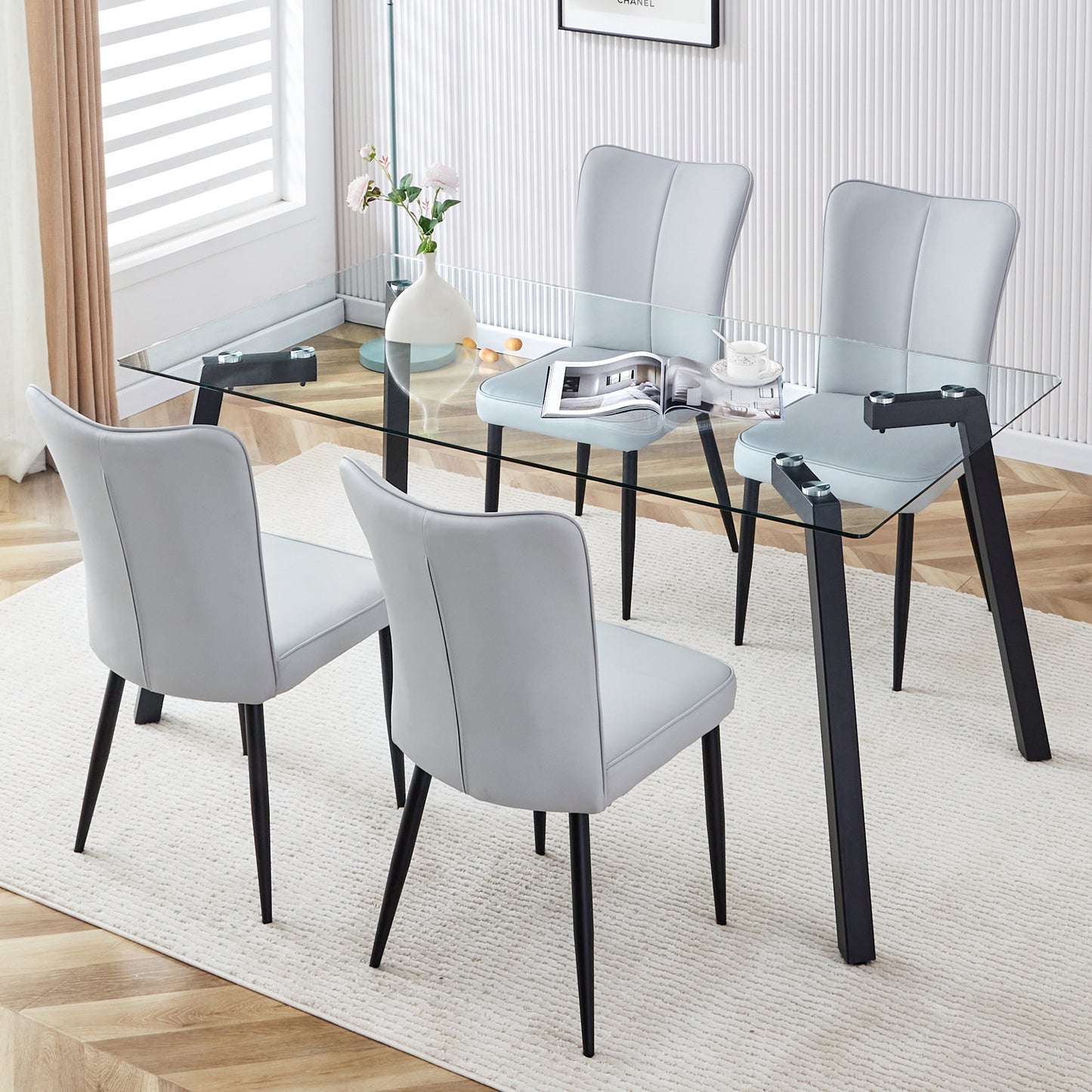 Melysen Table and Chair Set. 1 Table+4 Light Grey Chairs. Glass Dining Table with 0.31-Inch Tempered Glass Tabletop and Black Coated Metal Legs. Equipped with Light Grey Pu Chairs