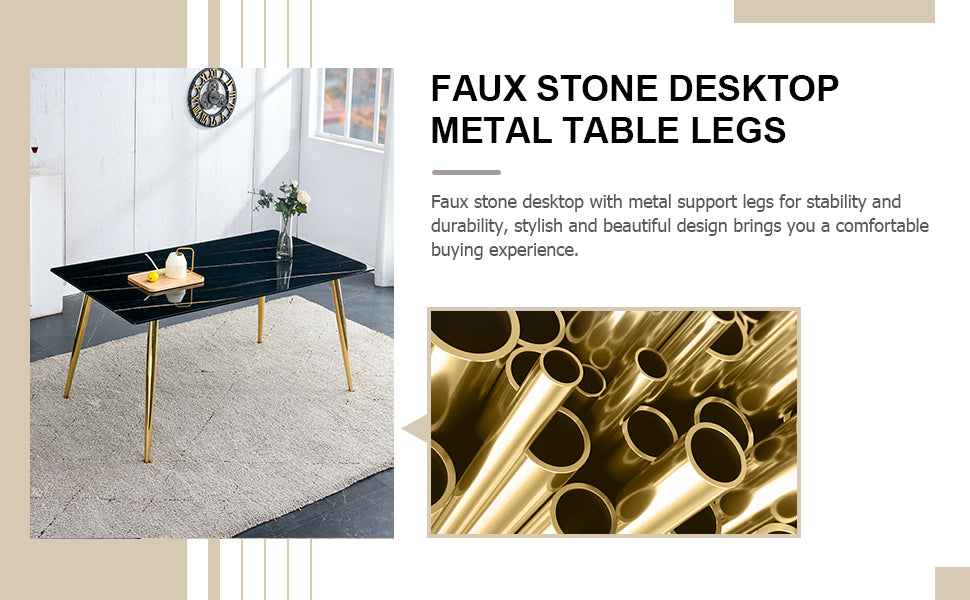 Melysen Modern Minimalist Rectangular Black Imitation Marble Dining Table, 0.4" Thick, Gold Color Metal Legs, Suitable For Kitchen, Dining Room, and Living Room 63"* 35.4" * 30"