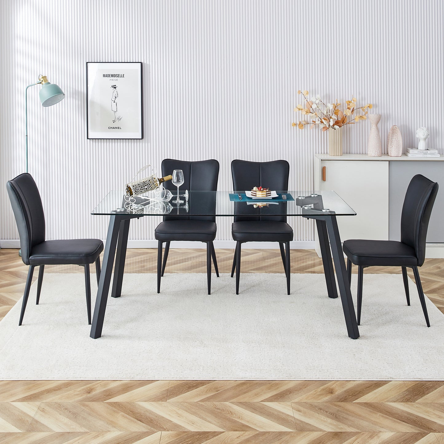 Melysen Table and Chair Set. 1 Table+4 Black Chairs. Glass Dining Table with 0.31-Inch Tempered Glass Tabletop and Black Coated Metal Legs. Equipped with Black Pu Chairs