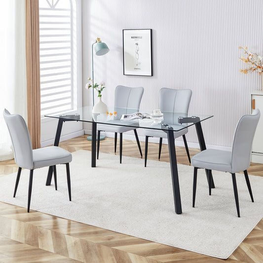 Melysen Table and Chair Set. 1 Table+4 Light Grey Chairs. Glass Dining Table with 0.31-Inch Tempered Glass Tabletop and Black Coated Metal Legs. Equipped with Light Grey Pu Chairs