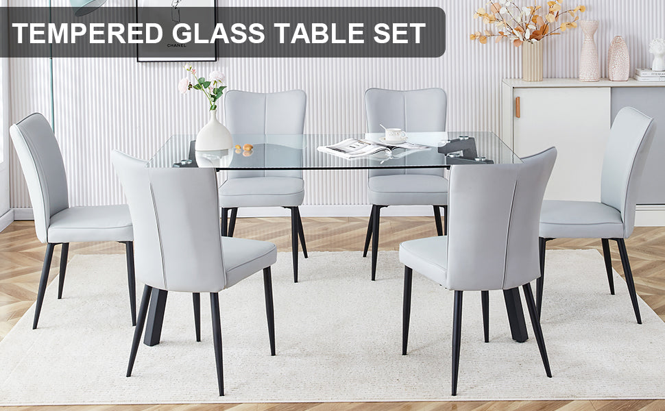 Melysen Table and Chair Set. 1 Table+6 Light Grey Chairs. Glass Dining Table with 0.31-Inch Tempered Glass Tabletop and Black Coated Metal Legs. Equipped with Light Grey Pu Chairs