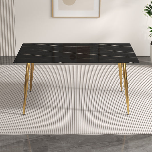 Melysen Modern Minimalist Rectangular Black Imitation Marble Dining Table, 0.4" Thick, Gold Color Metal Legs, Suitable For Kitchen, Dining Room, and Living Room 63"* 35.4" * 30"