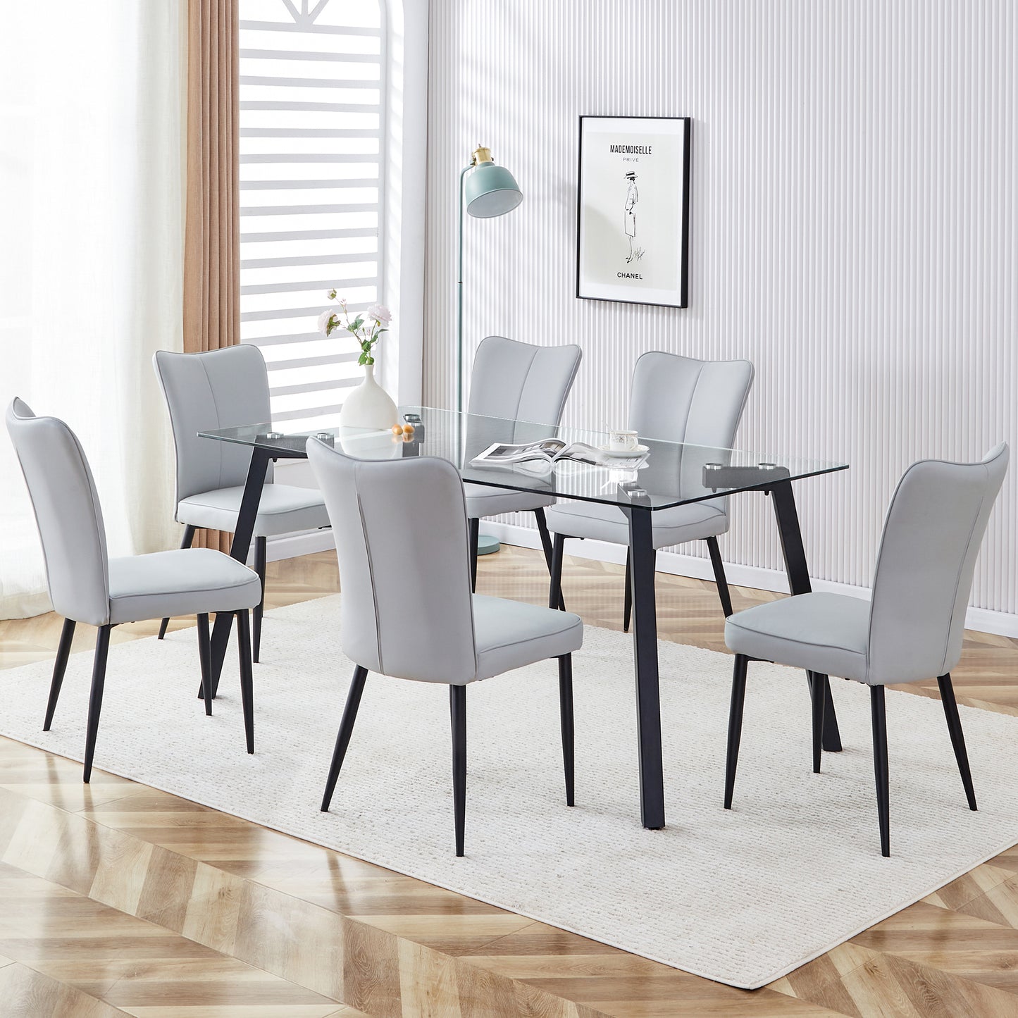 Melysen Table and Chair Set. 1 Table+6 Light Grey Chairs. Glass Dining Table with 0.31-Inch Tempered Glass Tabletop and Black Coated Metal Legs. Equipped with Light Grey Pu Chairs