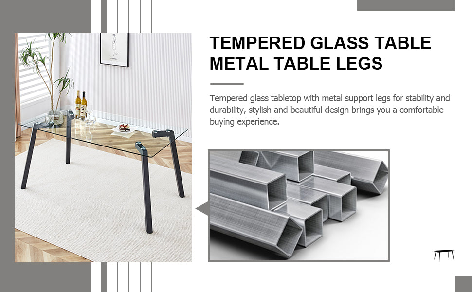 Melysen Table and Chair Set. 1 Table+4 Light Grey Chairs. Glass Dining Table with 0.31-Inch Tempered Glass Tabletop and Black Coated Metal Legs. Equipped with Light Grey Pu Chairs