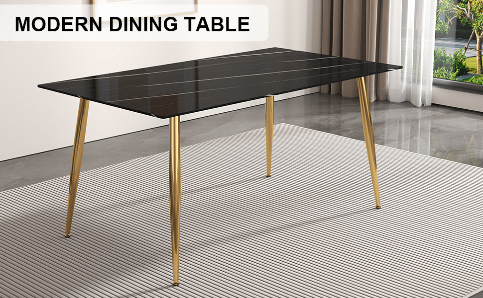 Melysen Modern Minimalist Rectangular Black Imitation Marble Dining Table, 0.4" Thick, Gold Color Metal Legs, Suitable For Kitchen, Dining Room, and Living Room 63"* 35.4" * 30"