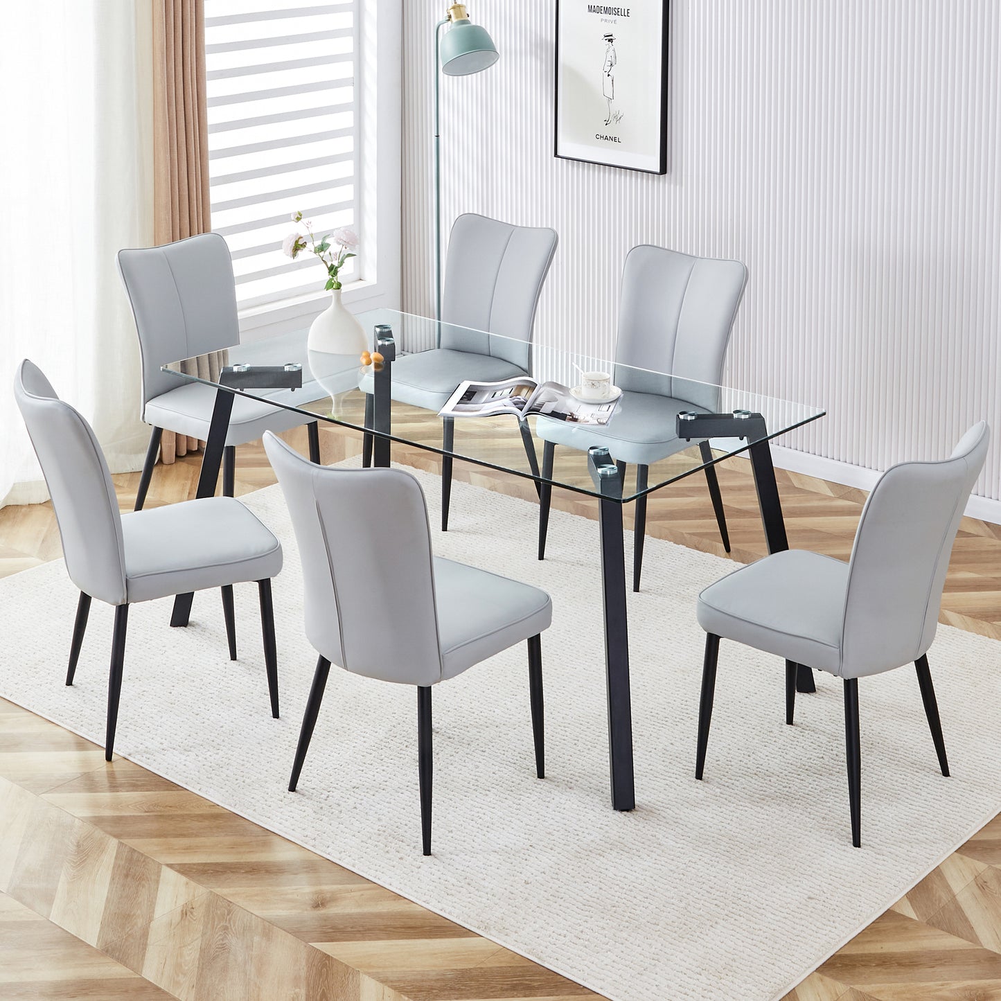 Melysen Table and Chair Set. 1 Table+6 Light Grey Chairs. Glass Dining Table with 0.31-Inch Tempered Glass Tabletop and Black Coated Metal Legs. Equipped with Light Grey Pu Chairs