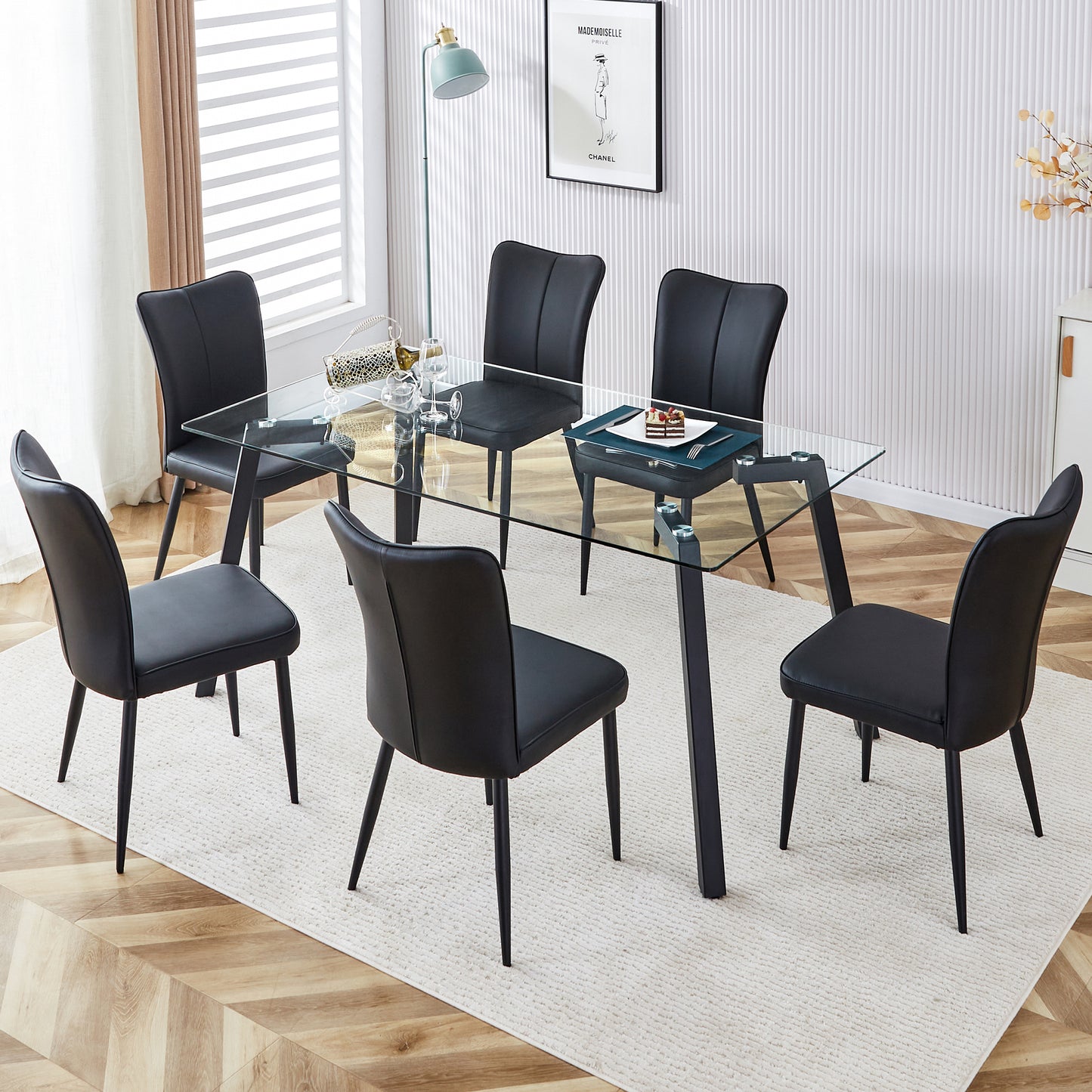 Melysen Table and Chair Set. 1 Table+6 Black Chairs. Glass Dining Table with 0.31-Inch Tempered Glass Tabletop and Black Coated Metal Legs. Equipped with Black Pu Chairs