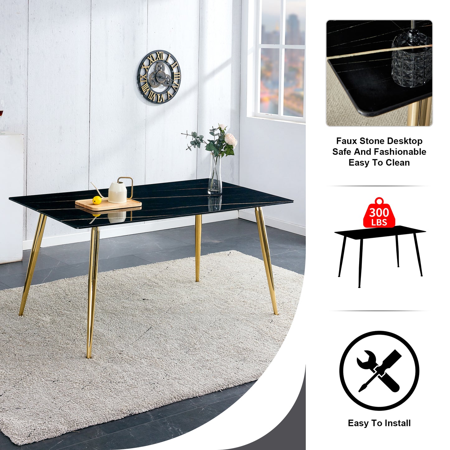 Melysen Modern Minimalist Rectangular Black Imitation Marble Dining Table, 0.4" Thick, Gold Color Metal Legs, Suitable For Kitchen, Dining Room, and Living Room 63"* 35.4" * 30"