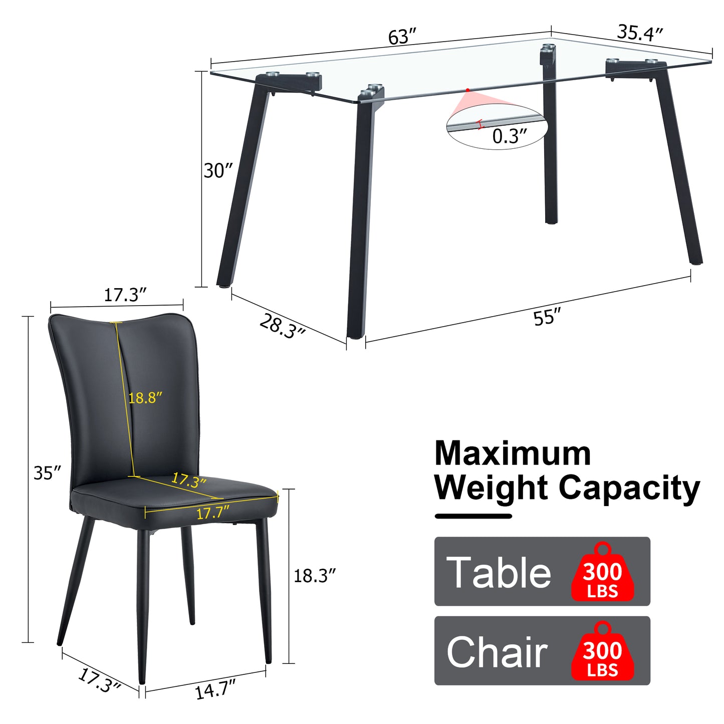 Melysen Table and Chair Set. 1 Table+4 Black Chairs. Glass Dining Table with 0.31-Inch Tempered Glass Tabletop and Black Coated Metal Legs. Equipped with Black Pu Chairs