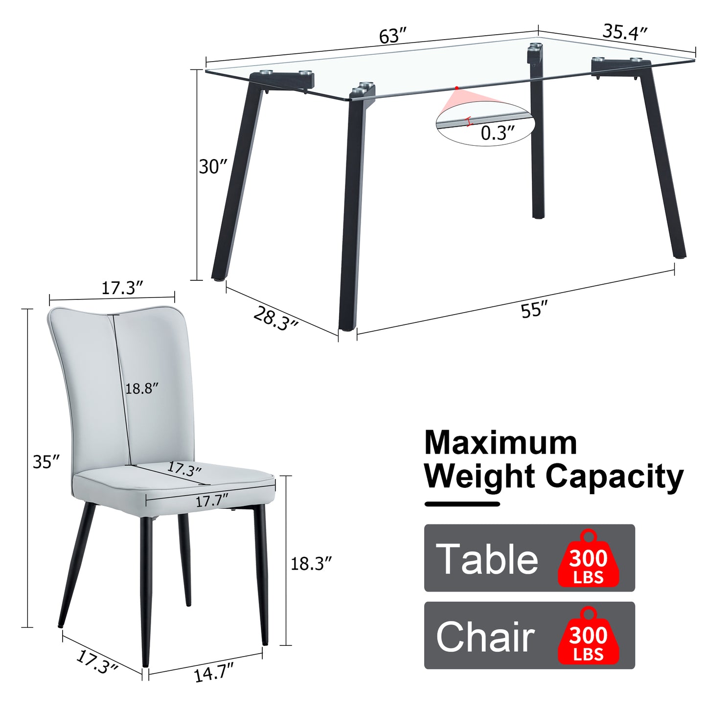 Melysen Table and Chair Set. 1 Table+4 Light Grey Chairs. Glass Dining Table with 0.31-Inch Tempered Glass Tabletop and Black Coated Metal Legs. Equipped with Light Grey Pu Chairs