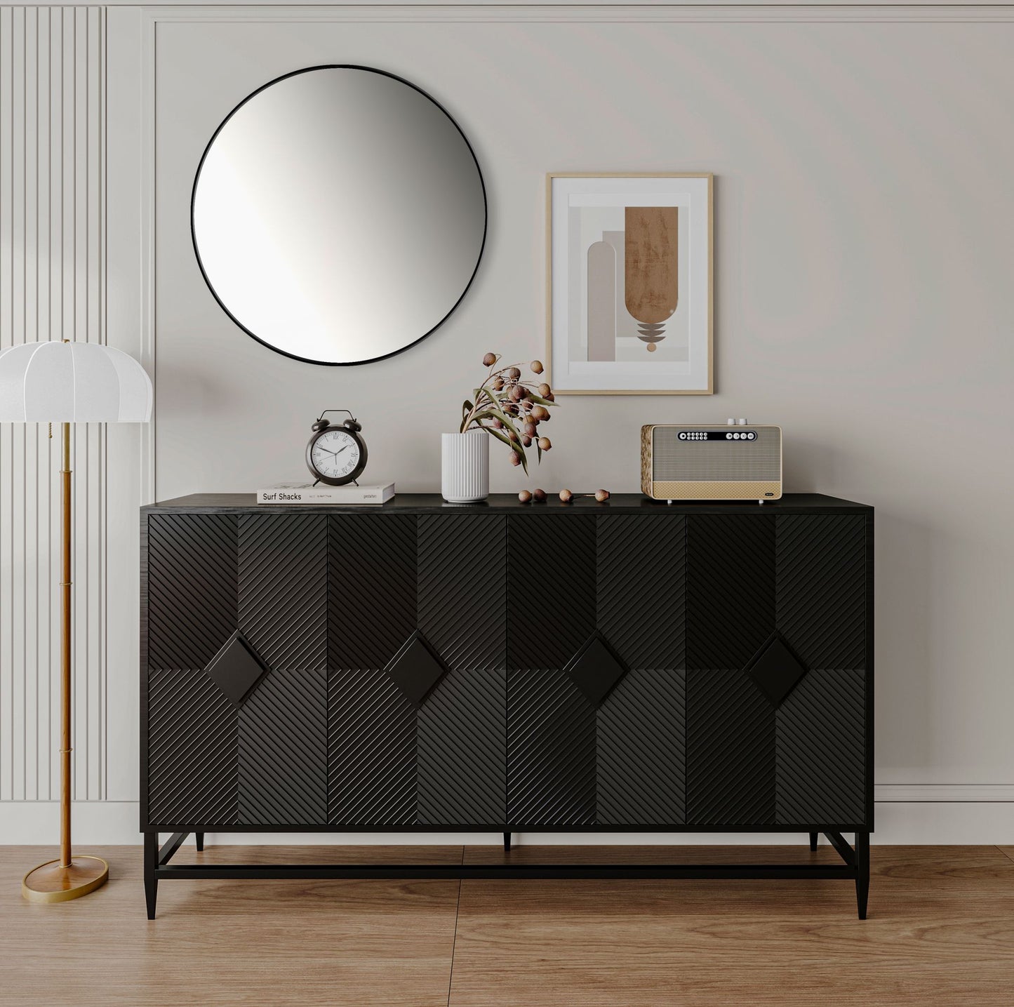 Melysen Accent Black Lacquered 4 Door Wooden Cabinet Sideboard Buffet Server Cabinet Storage Cabinet,Black