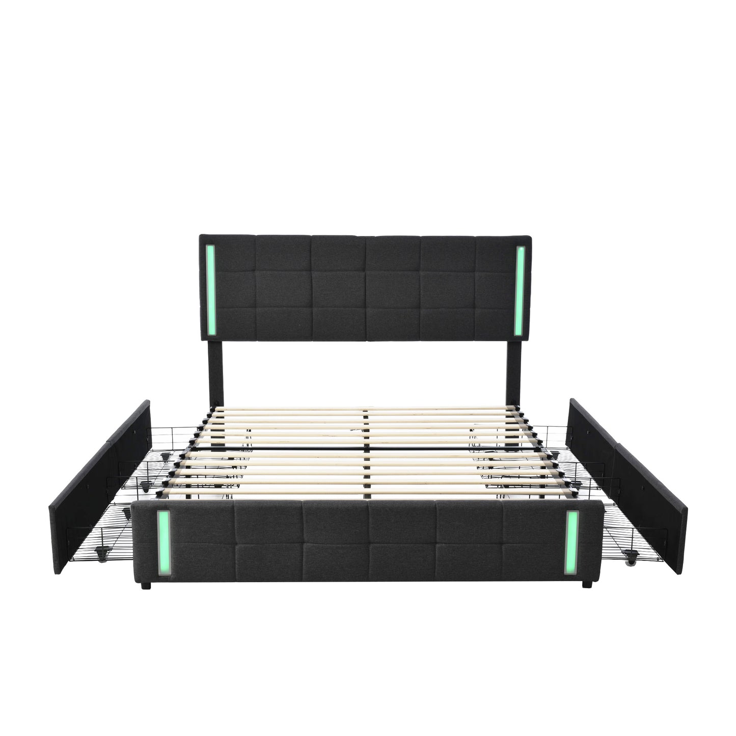 Melysen Queen Size Upholstered Platform Bed with LED Lights and USB Charging, Storage Bed with 4 Drawers