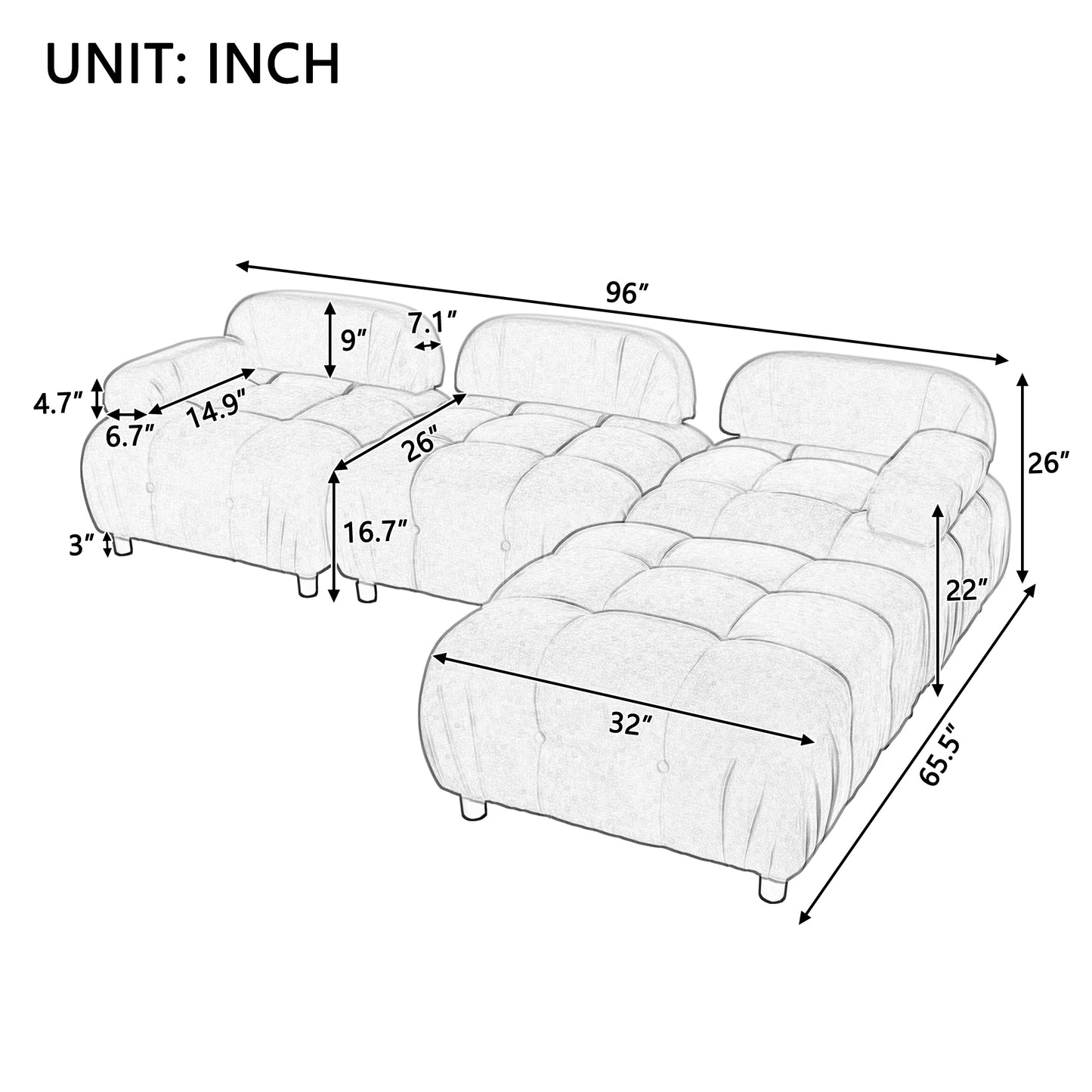 Melysen 96" Modular Convertible Sectional Sofa, Dark Grey Polyester