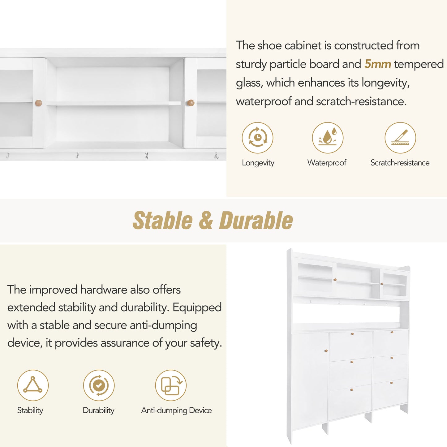 Melysen Multifunctional Shoe Cabinet with Storage Shelf & 6 Flip Drawers, Modern Large Hall Tree with Tempered Glass Doors, Elegant Foyer Cabinet with 4 Hooks for Hallway, White