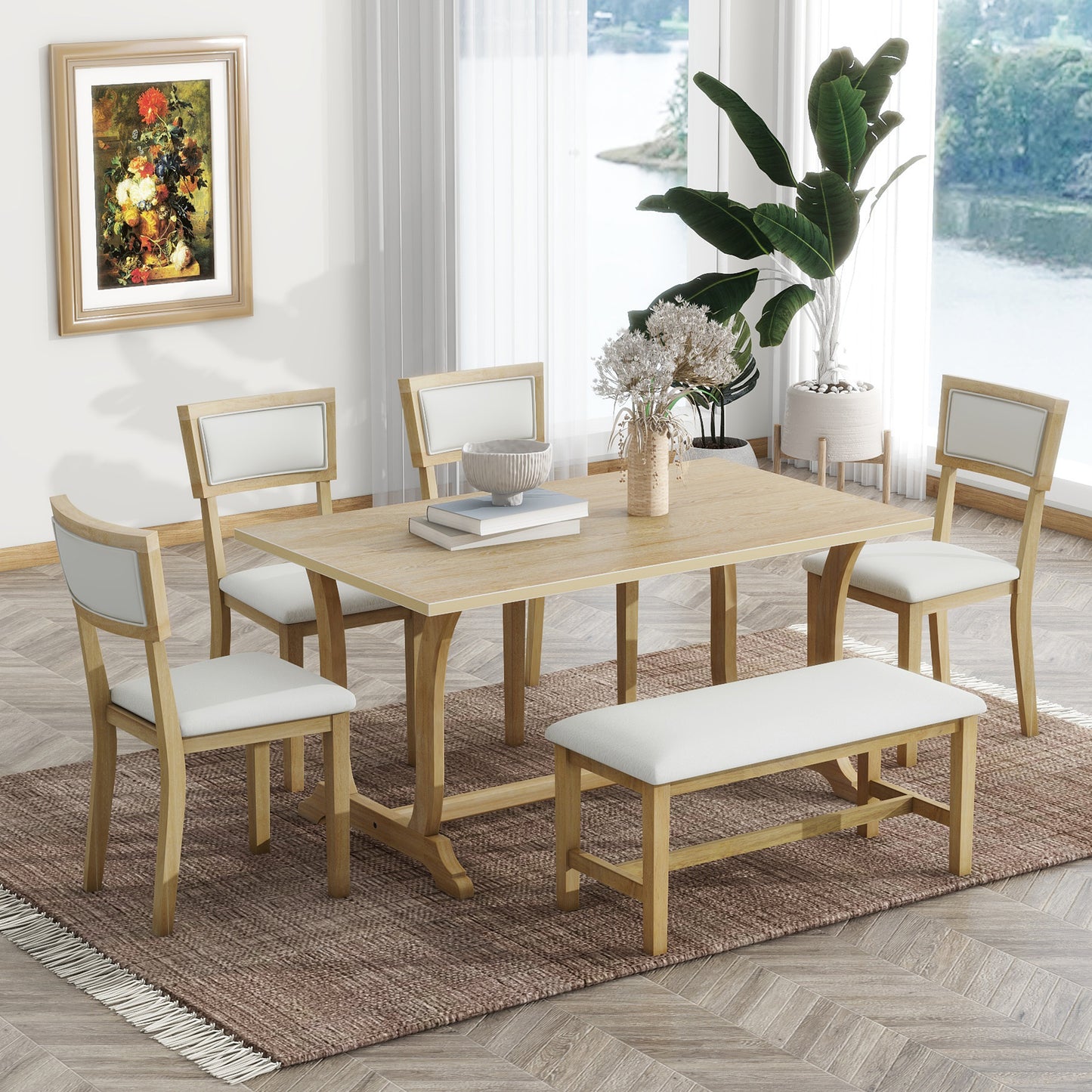 Melysen Farmhouse 6-Piece Trestle Dining Table Set with Upholstered Dining Chairs and Bench, 59inch