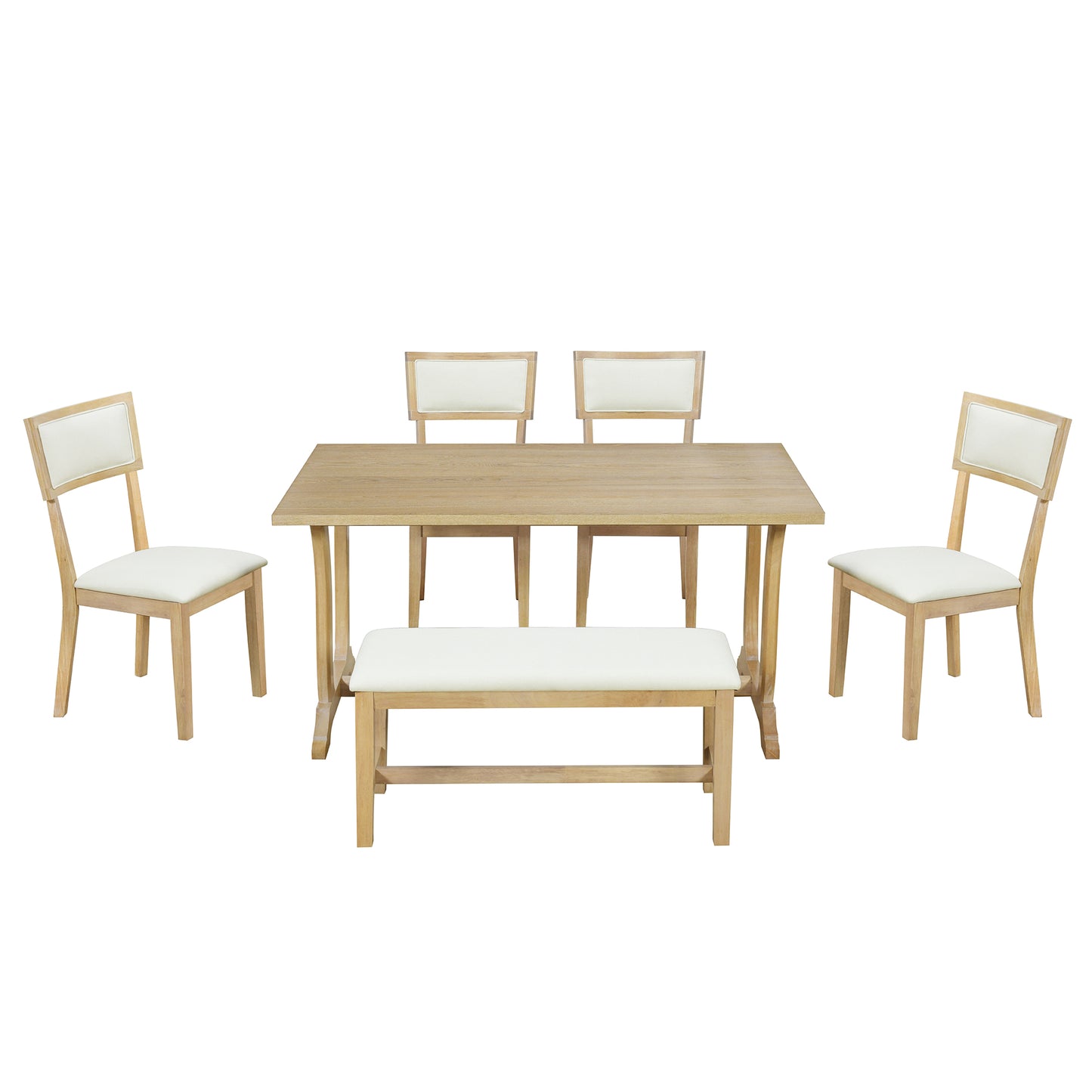 Melysen Farmhouse 6-Piece Trestle Dining Table Set with Upholstered Dining Chairs and Bench, 59inch