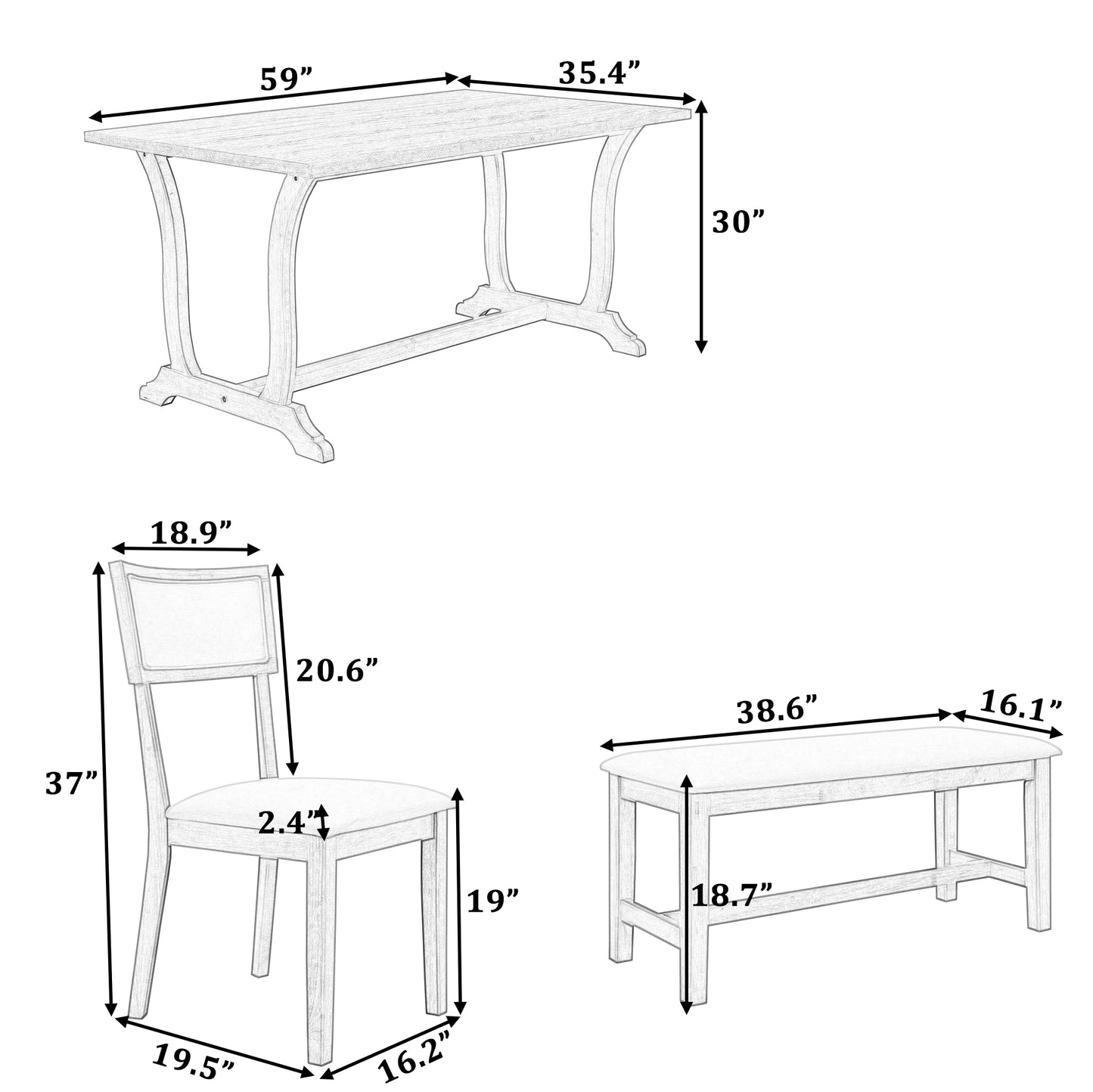 Melysen Farmhouse 6-Piece Trestle Dining Table Set with Upholstered Dining Chairs and Bench, 59inch