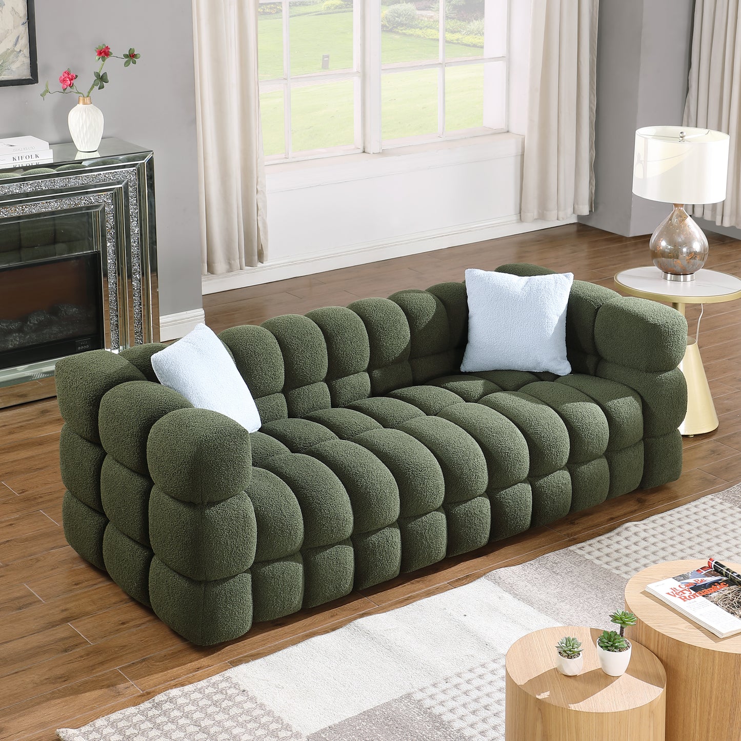 Melysen 84.3 "Modern Living Room Cotton Candy Sofa, 3-Seat Sofa, Olive Green.