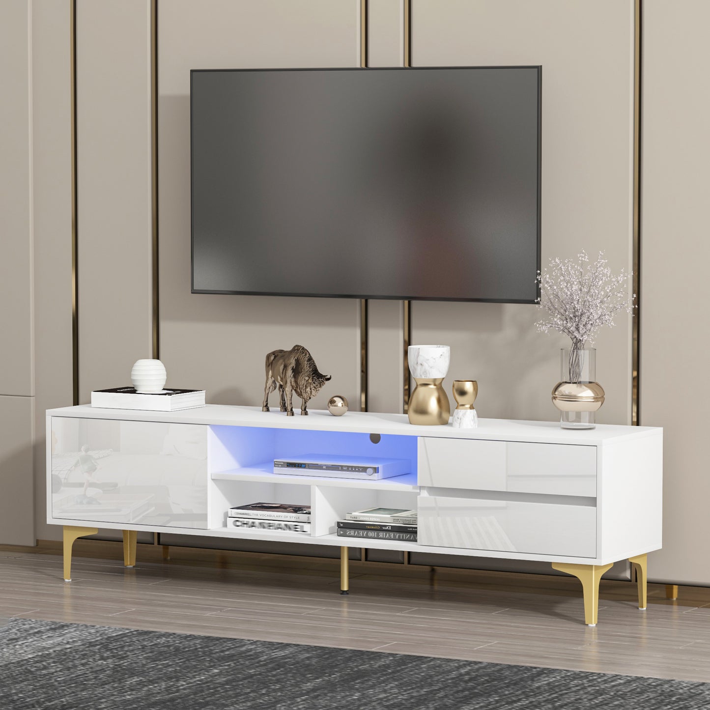 Melysen TV stand,TV Cabinet,entertainment center,TV console,media console,with LED remote control lights,UV bloom drawer panel,gold metal table legs,White