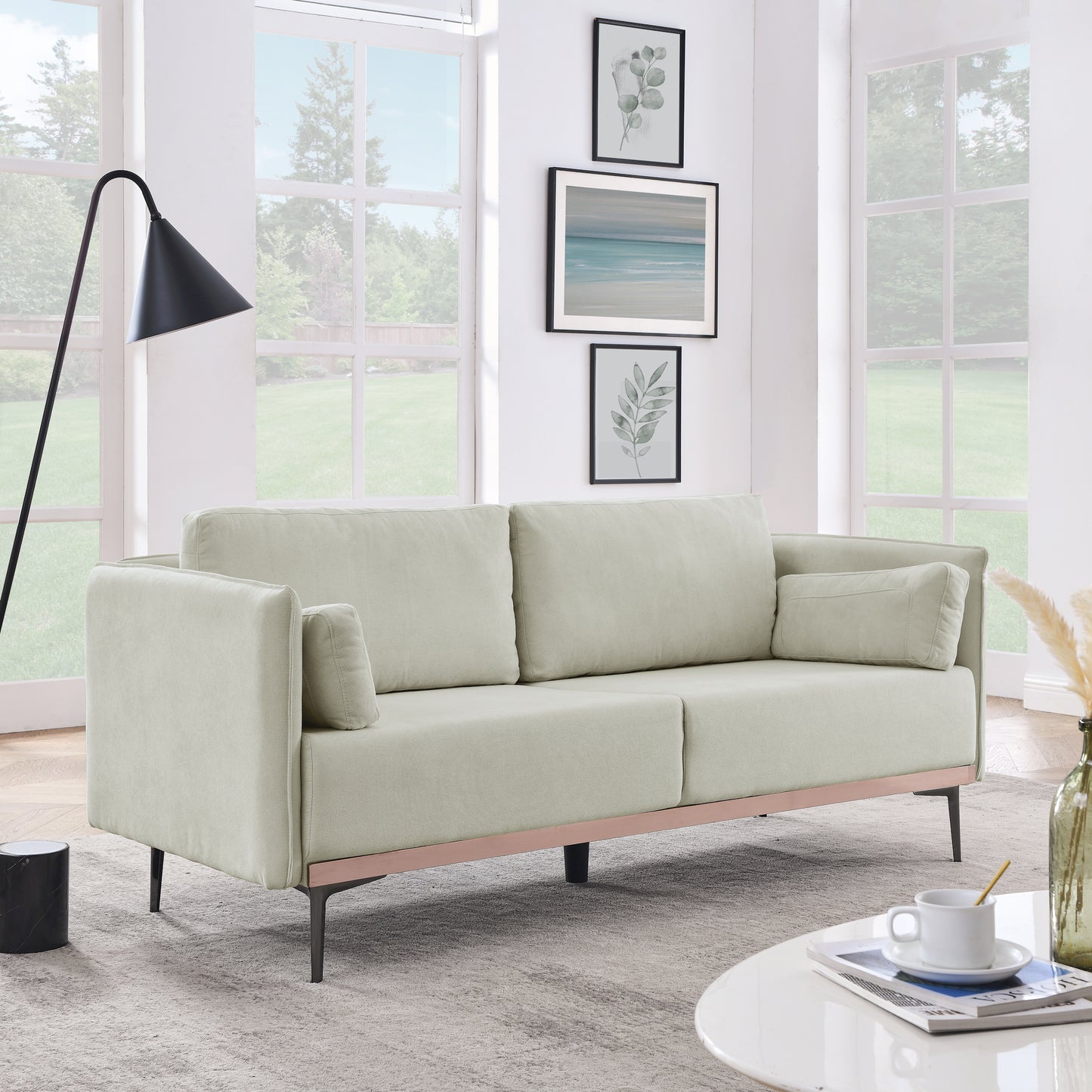 Melysen Modern Sofa 3-Seat Couch with Stainless Steel Trim and Metal Legs for Living Room