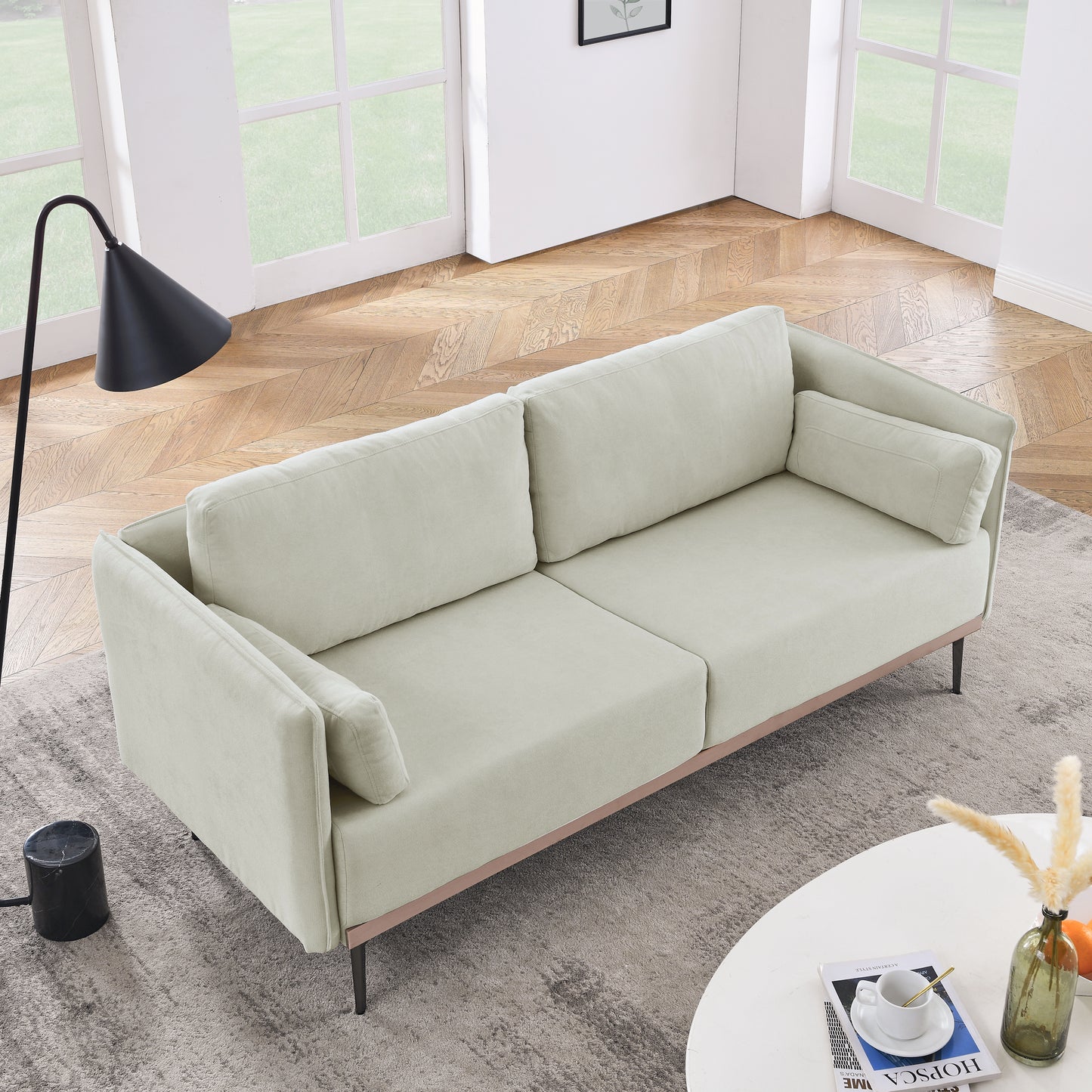 Melysen Modern Sofa 3-Seat Couch with Stainless Steel Trim and Metal Legs for Living Room