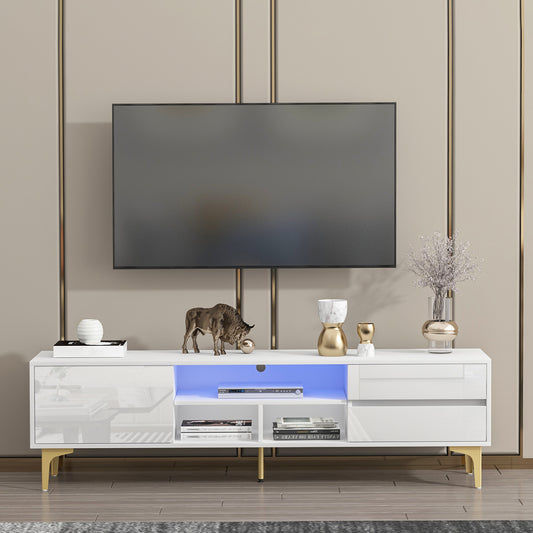 Melysen TV stand,TV Cabinet,entertainment center,TV console,media console,with LED remote control lights,UV bloom drawer panel,gold metal table legs,White