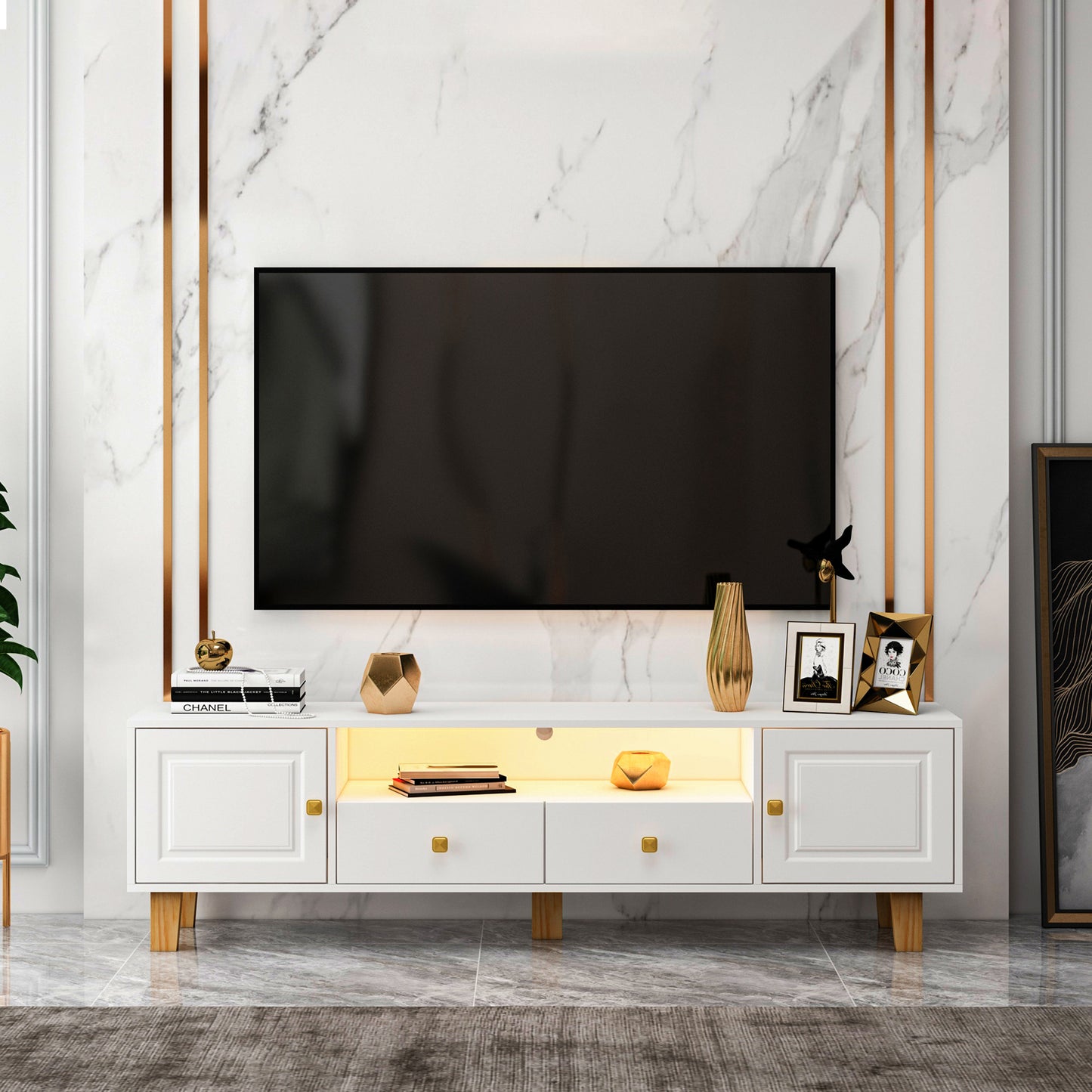 Melysen TV stand,TV Cabinet,entertainment center,TV console,media console,plastic door panel,with LED remote control light,metal handle,solid wooden leg,White