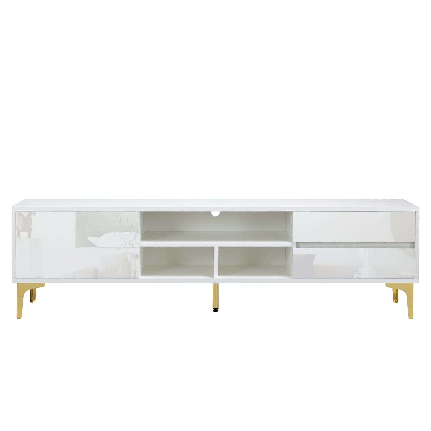 Melysen TV stand,TV Cabinet,entertainment center,TV console,media console,with LED remote control lights,UV bloom drawer panel,gold metal table legs,White